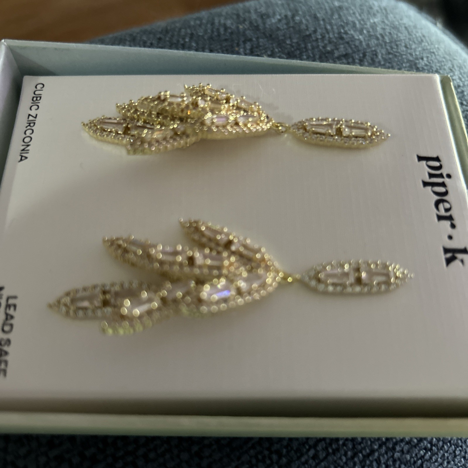 NEW Piper K. Gold-plated Leaf Drop Earrings with Baguettes & Round CZ Stones