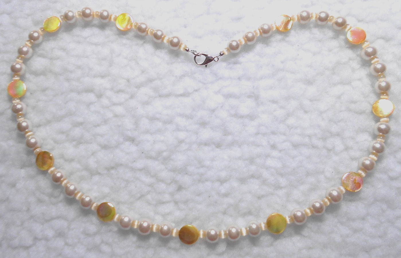 Yellow Shell discs, Cream Glass Pearls, 55cm, 21.5″, Necklace. Handmade. (1B1)