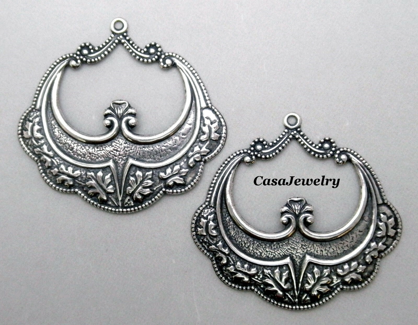 #0167 LARGE ANTIQUED STERLING SILVER PLATED OPEN DROP W/TOP HANG RING – 2 Pc Lot
