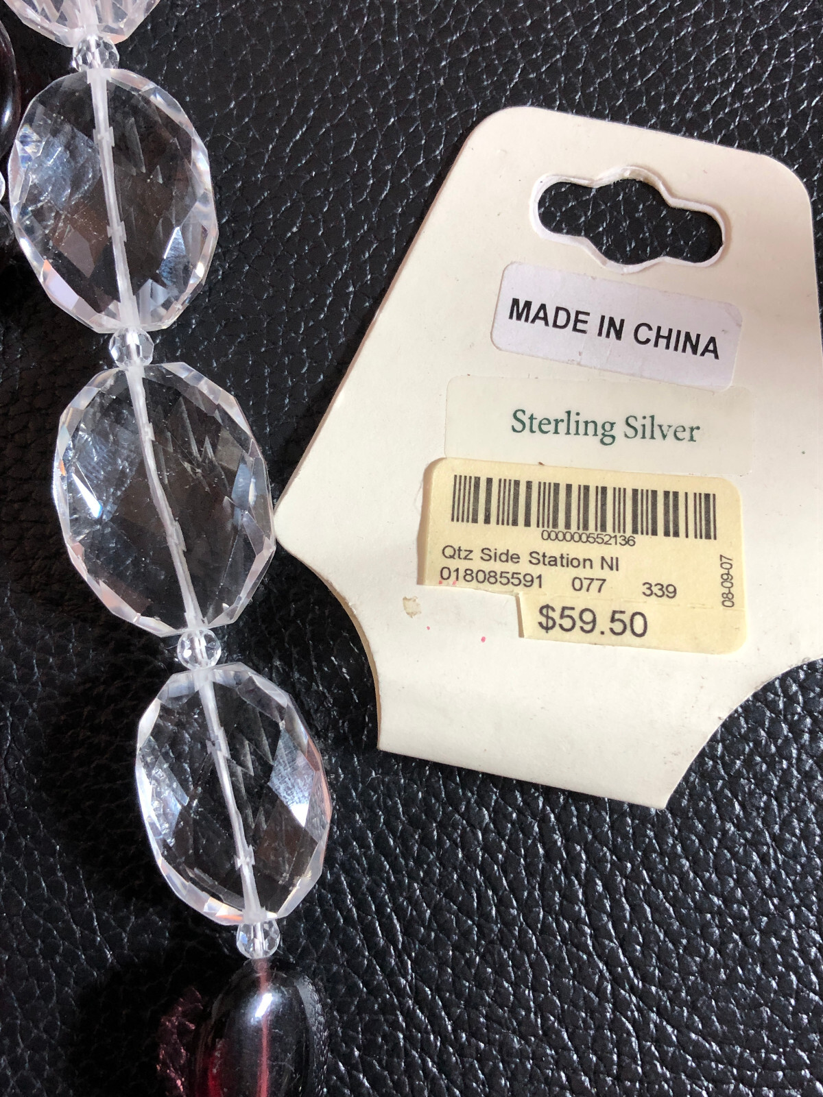 Burgundy Glass & Quartz Crystal Bead Station Necklace Sterling Silver 925 5393