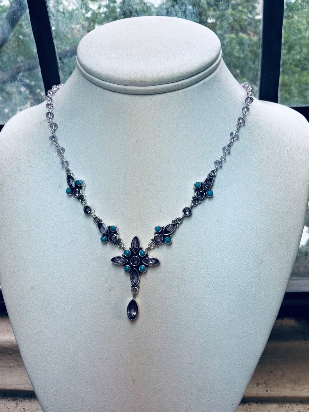 Estate 925 Sterling Silver Amethyst Turquoise Floral Necklace 20″ India Gift