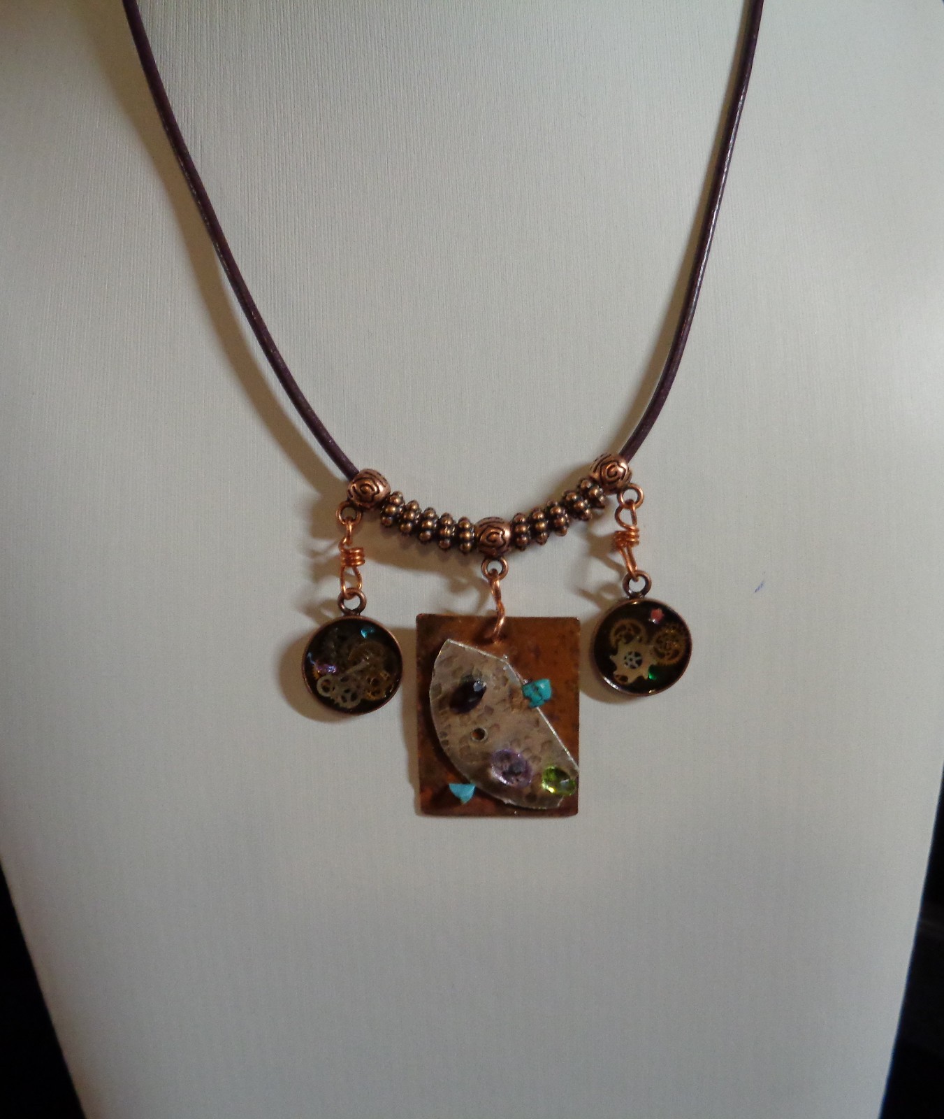 Artisan crafted,eclectic,18” necklace. Central handcrafted copper collage pendan