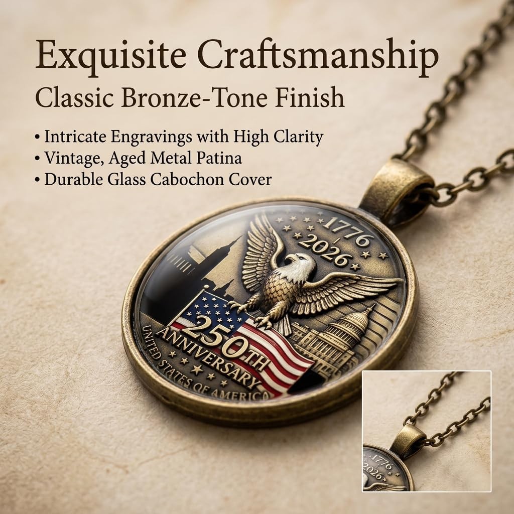 250th Anniversary 1776-2026 Bald Eagle American Flag Pendant Necklace Gift