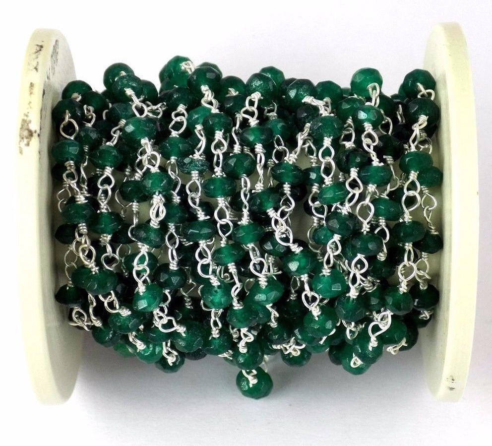 5-25 Feet Emerald Green Chalcedony Rondelle Faceted 3-4mm Beads Silver Wire