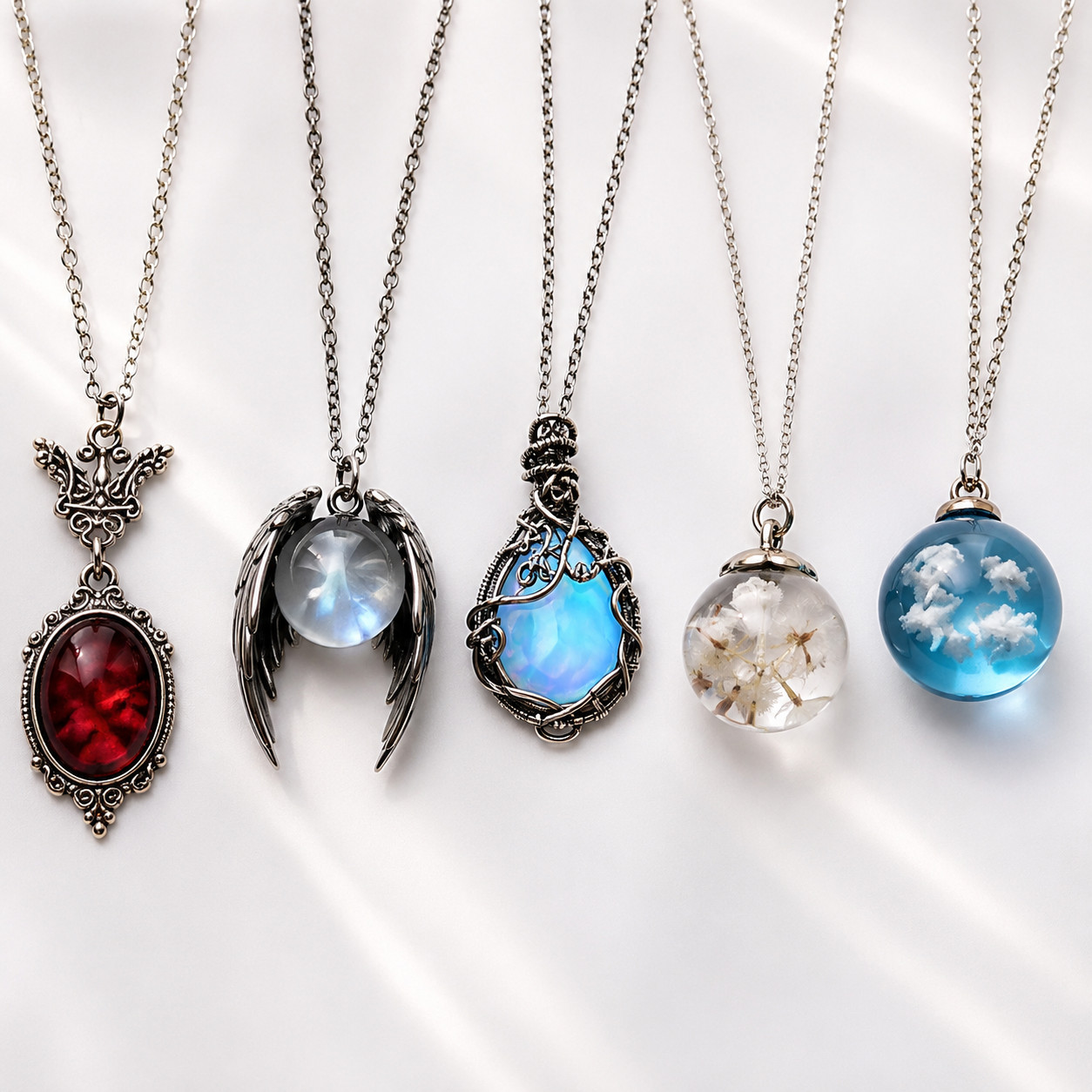 Vintage Crystal Pendant Necklace Gothic Red Quartz Moonstone Charm for Women