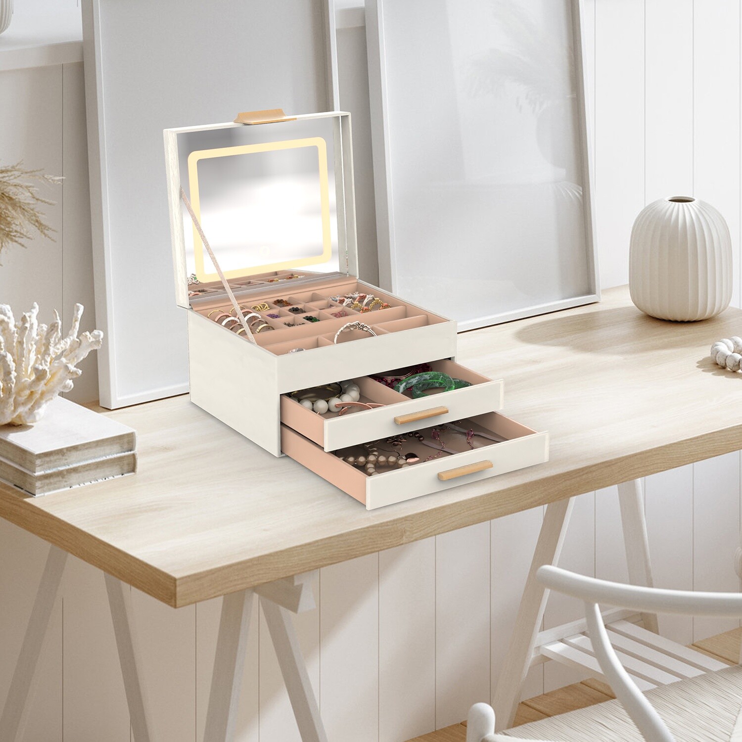 Jewelry Box w/ LED Mirror 3-Layer Jewelry Organizer 2 Drawers PU Jewelry Holder