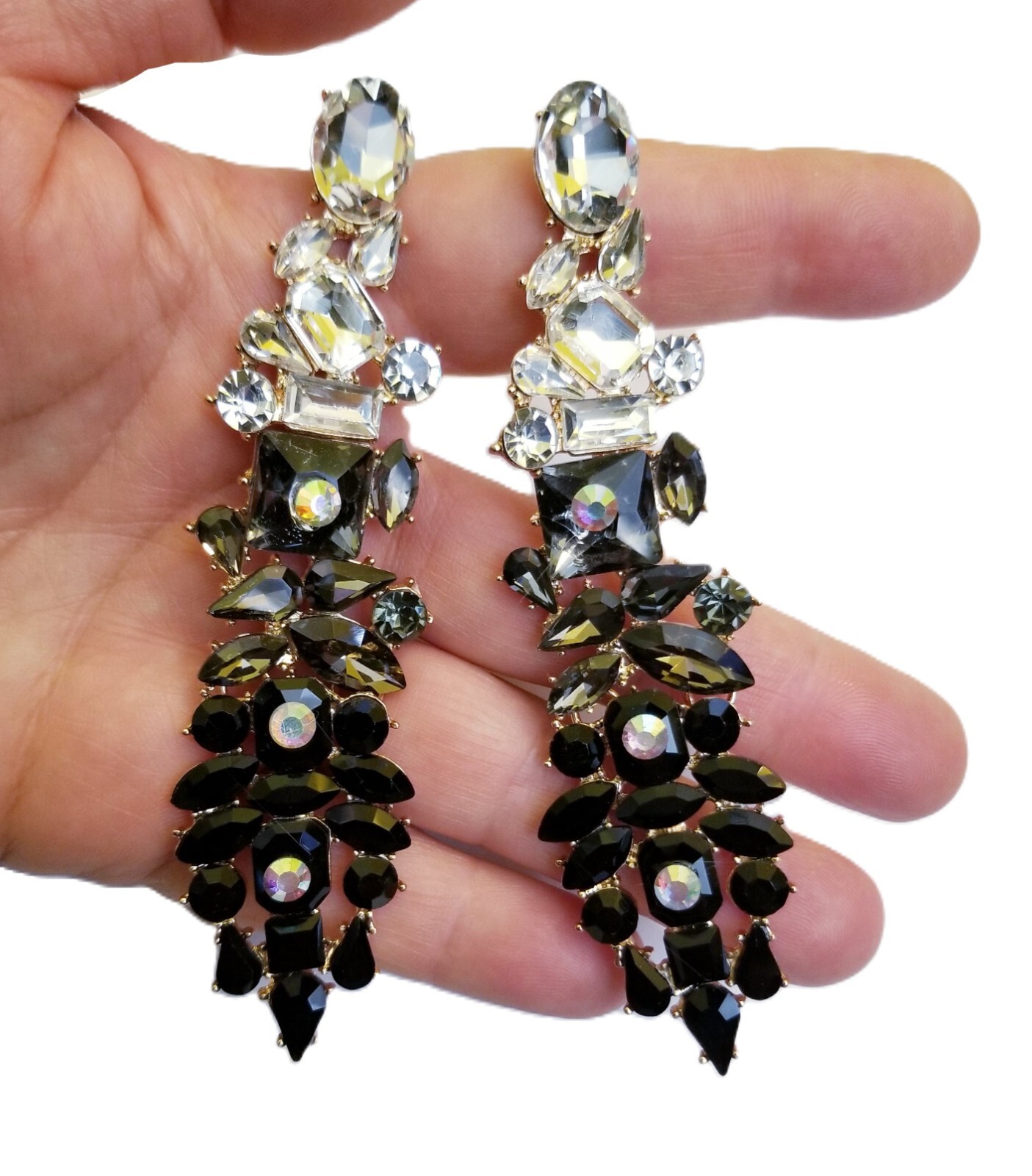 AB Black Drop Earrings, Bridesmaid Rhinestone Earrings, 4.2 Inch Pageant Jewelry