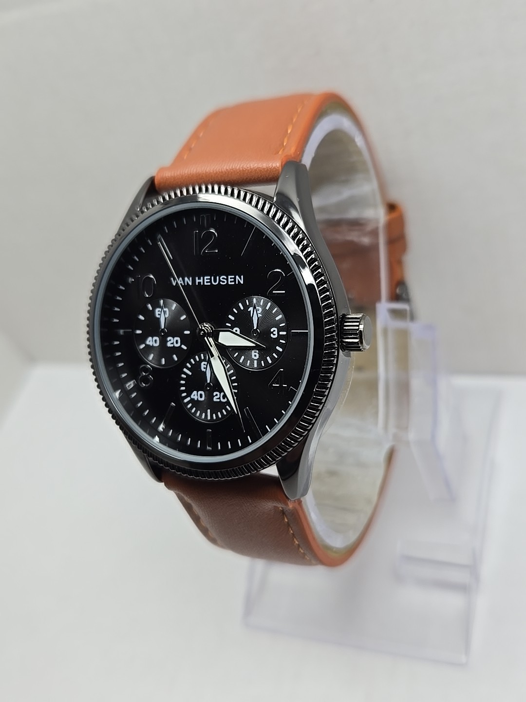 Van Heusen VAN5704RO Mens Black Multi Dial Leather Quartz Watch New Battery