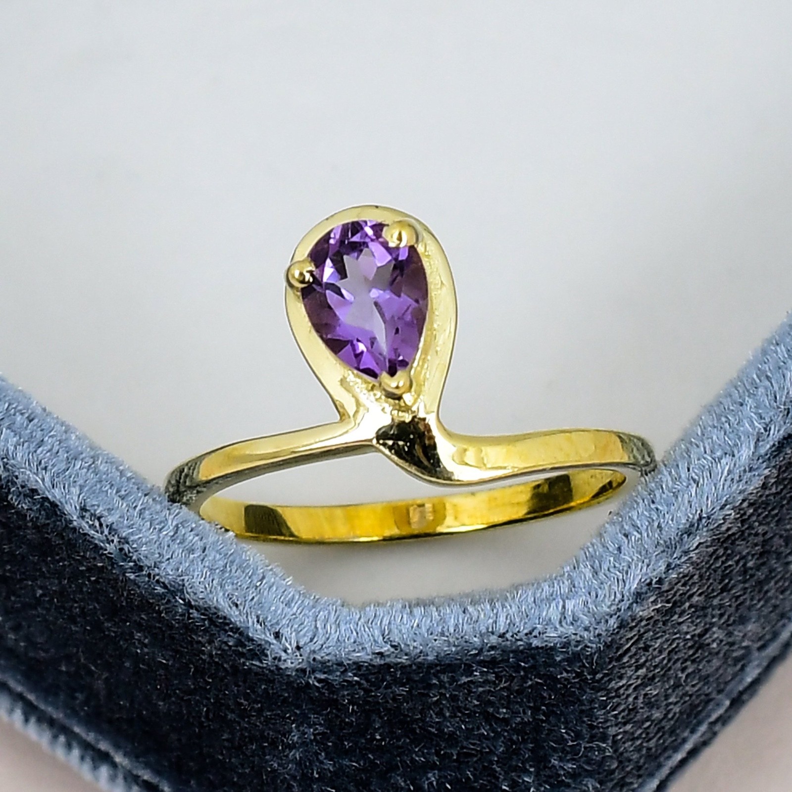 Amethyst Ring 18K Gold Plated 5x7mm Pear Gemstone Minimalist Solitaire Ring