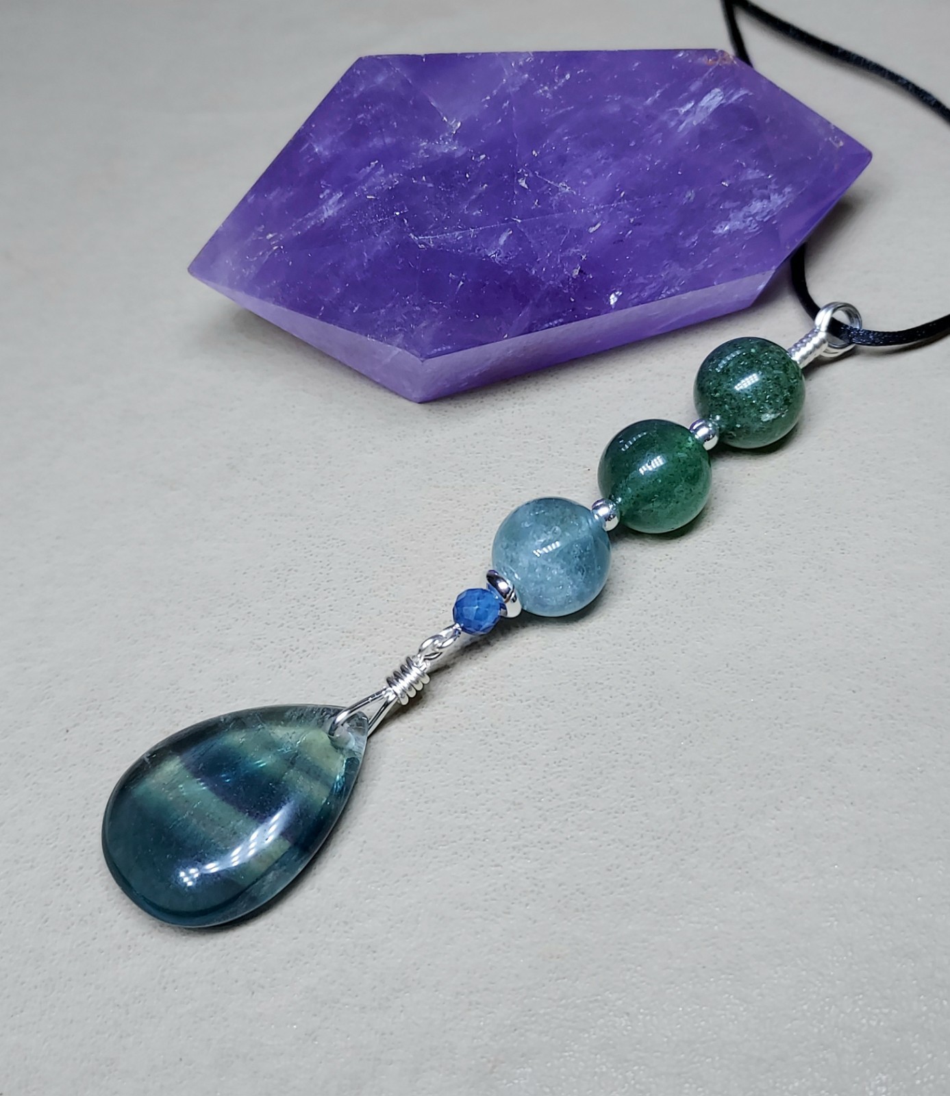Blue Fluorite Pendant With Green Strawberry Quartz, Colorful Artisan Crafted
