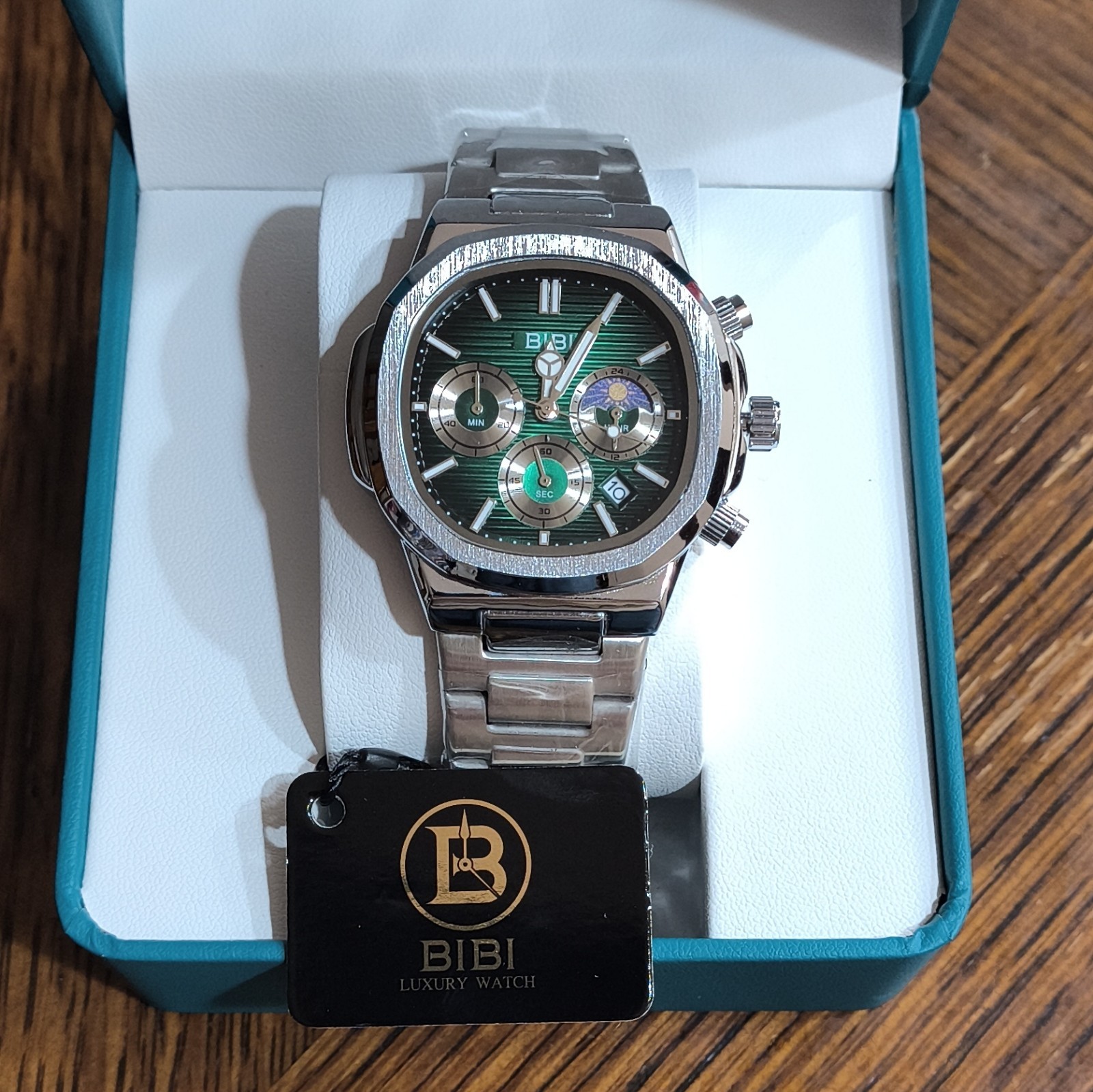 BIBI Chronograph Quartz Green Textured Dial Steel Bracelet Watch w/ Box Manual