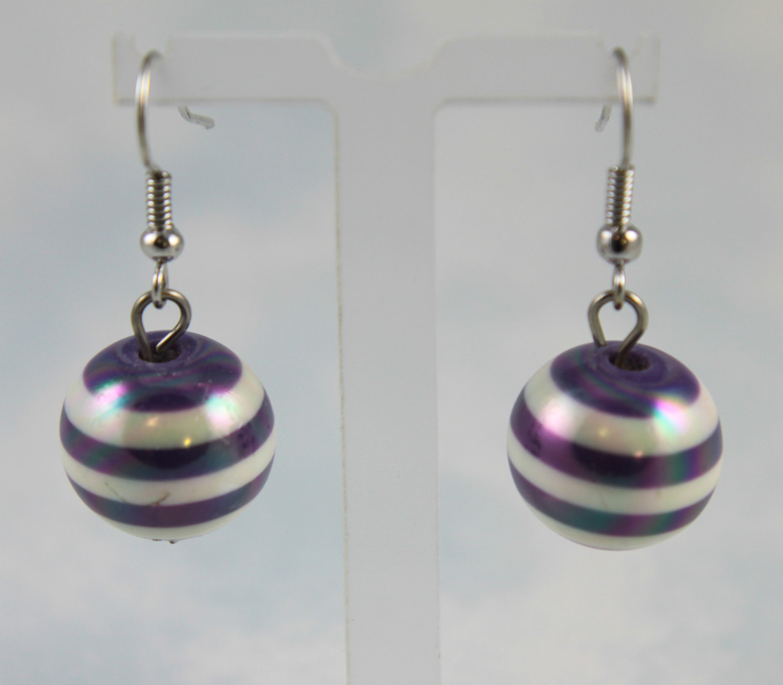 Striped Round Acrylic Dangle Hook Earrings 15 mm Nickel Plated Steel – 3 Colors
