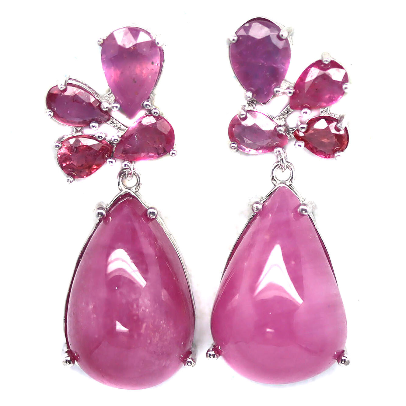 925 Sterling Silver 12 x 18 MM. Red Ruby Earrings White Gold Plated