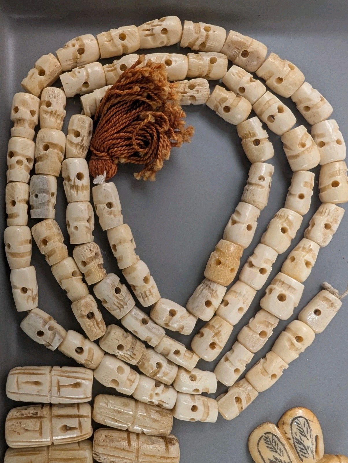 Vintage Carved Bone Bead Lot Skull Necklace Mixed Material Craft Jewelry