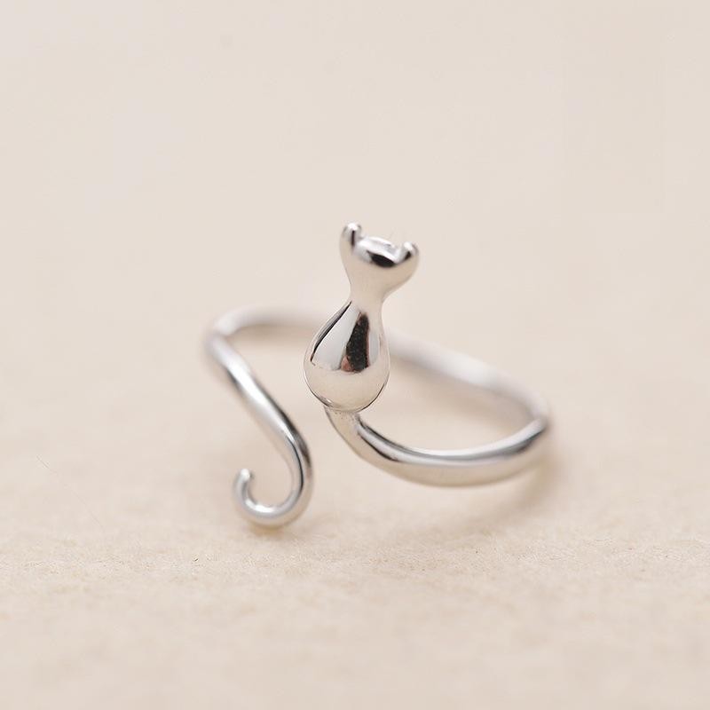 Adjustable Silver Color Cat Ring Women Cute Open Band Daily Jewelry Lovely Gift