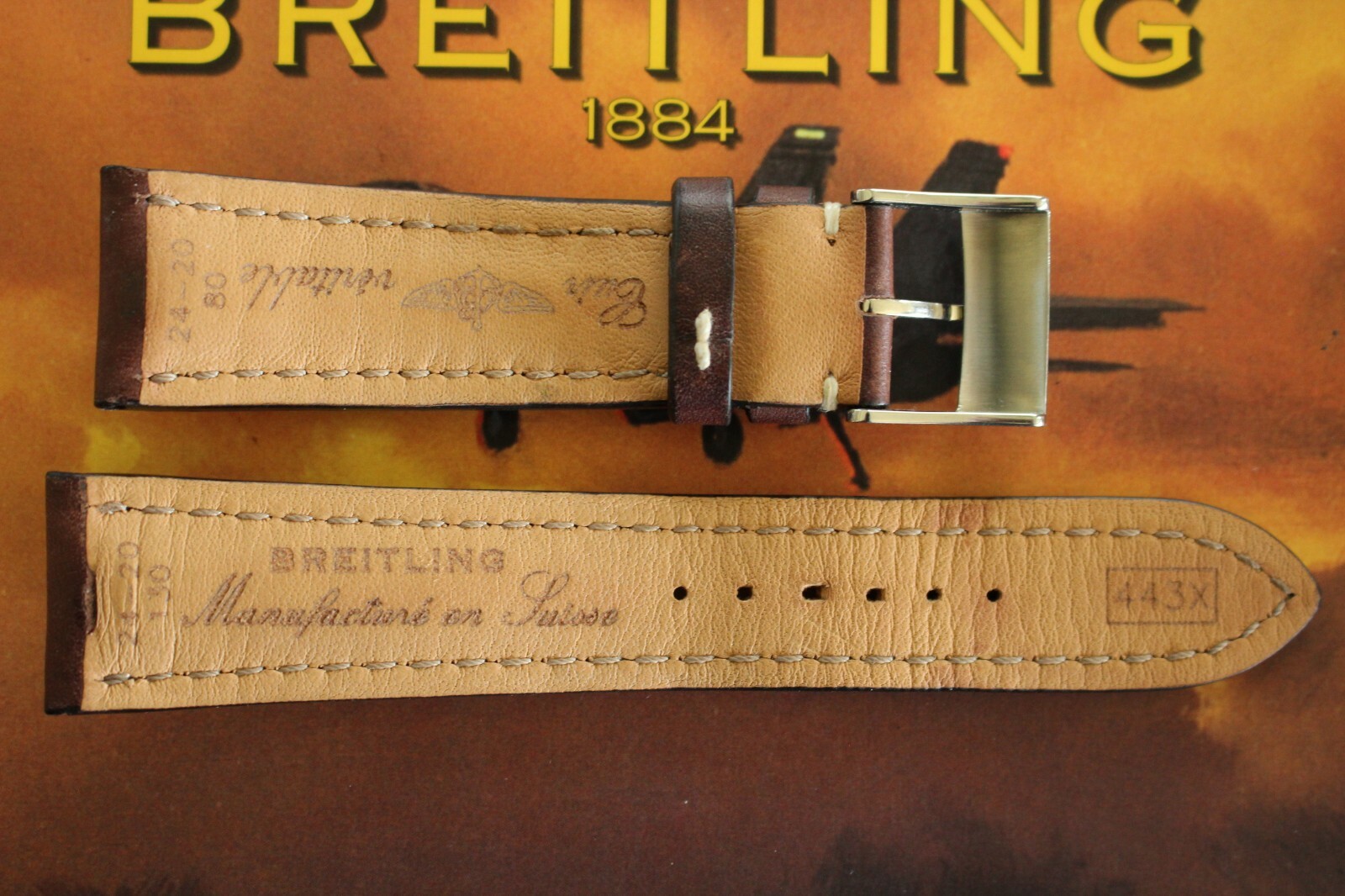 BREITLING 443X 24-20 BROWN DELUXE CALF TONGUE BUCKLE WATCH BAND WATCHBAND STRAP