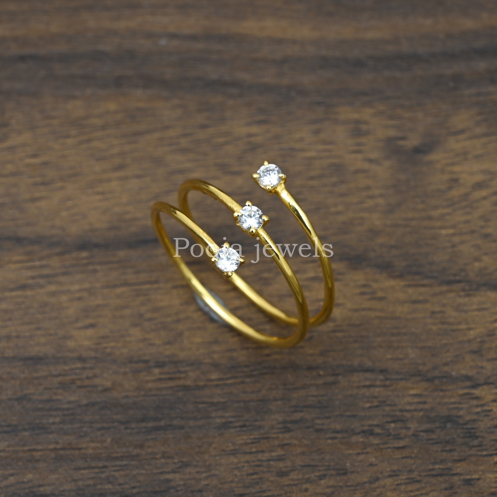 14K Yellow Gold Plated Triple Wrap Open Ring Round CZ Adjustable Minimalist Band