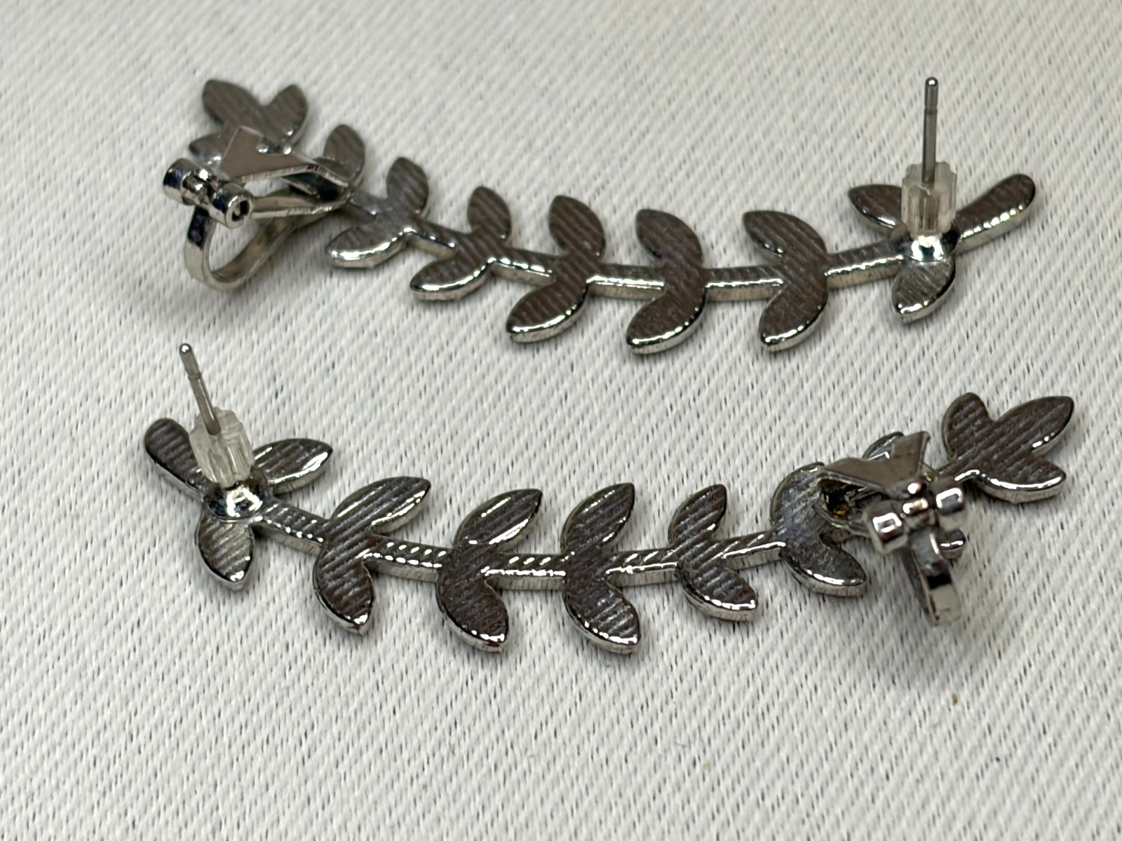 Silver Toned Rhinestone Crystal Leaf Vine Ear Climber Crawler Cuff Earrings Pair
