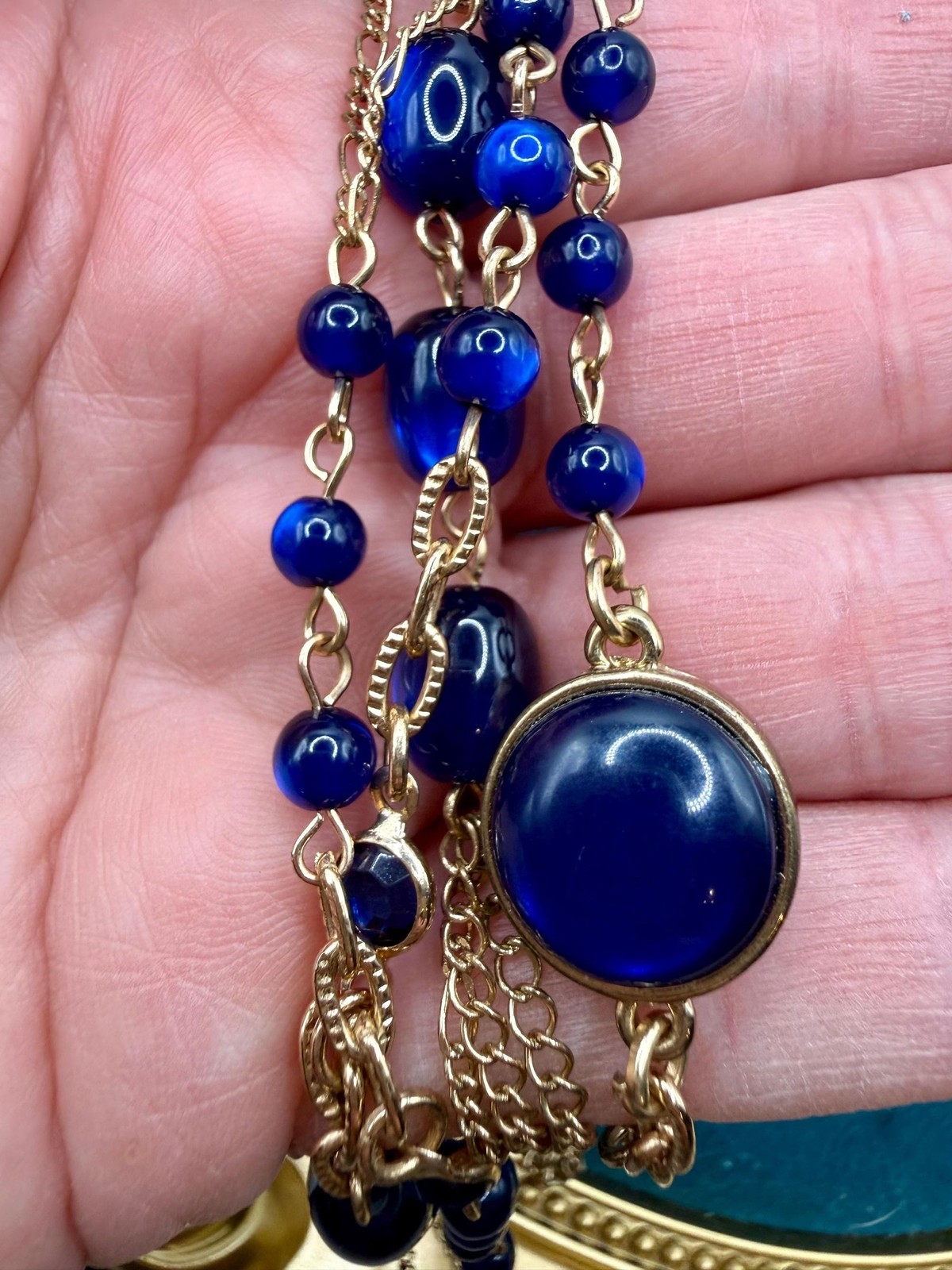 Cobalt Blue Glass Multi Strand Necklace, Gold Tone Layered Festoon Jewelry