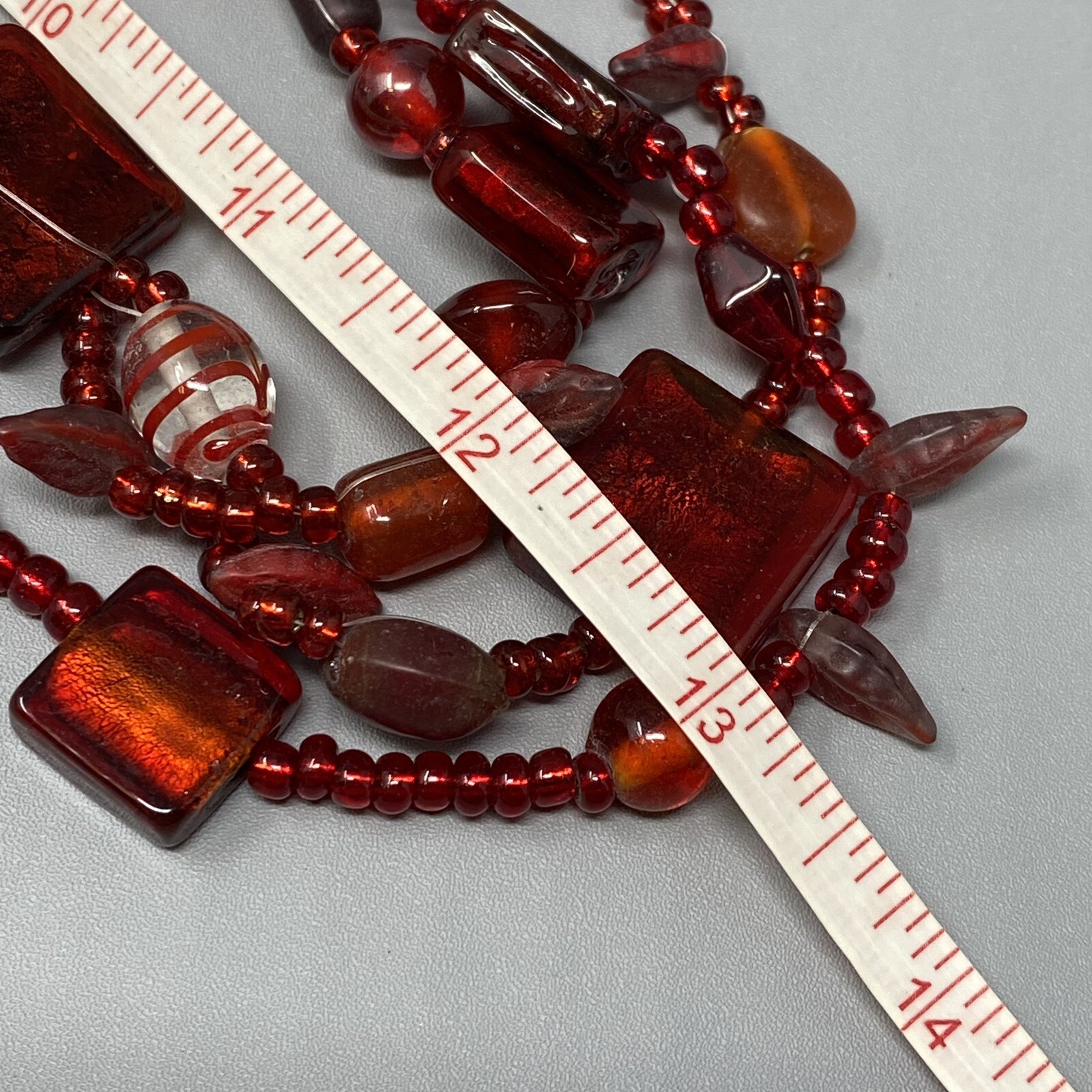 VTG Boho Glass Necklace Red Burgundy Glass Beads Czech Dichroic Frost Molded 24″