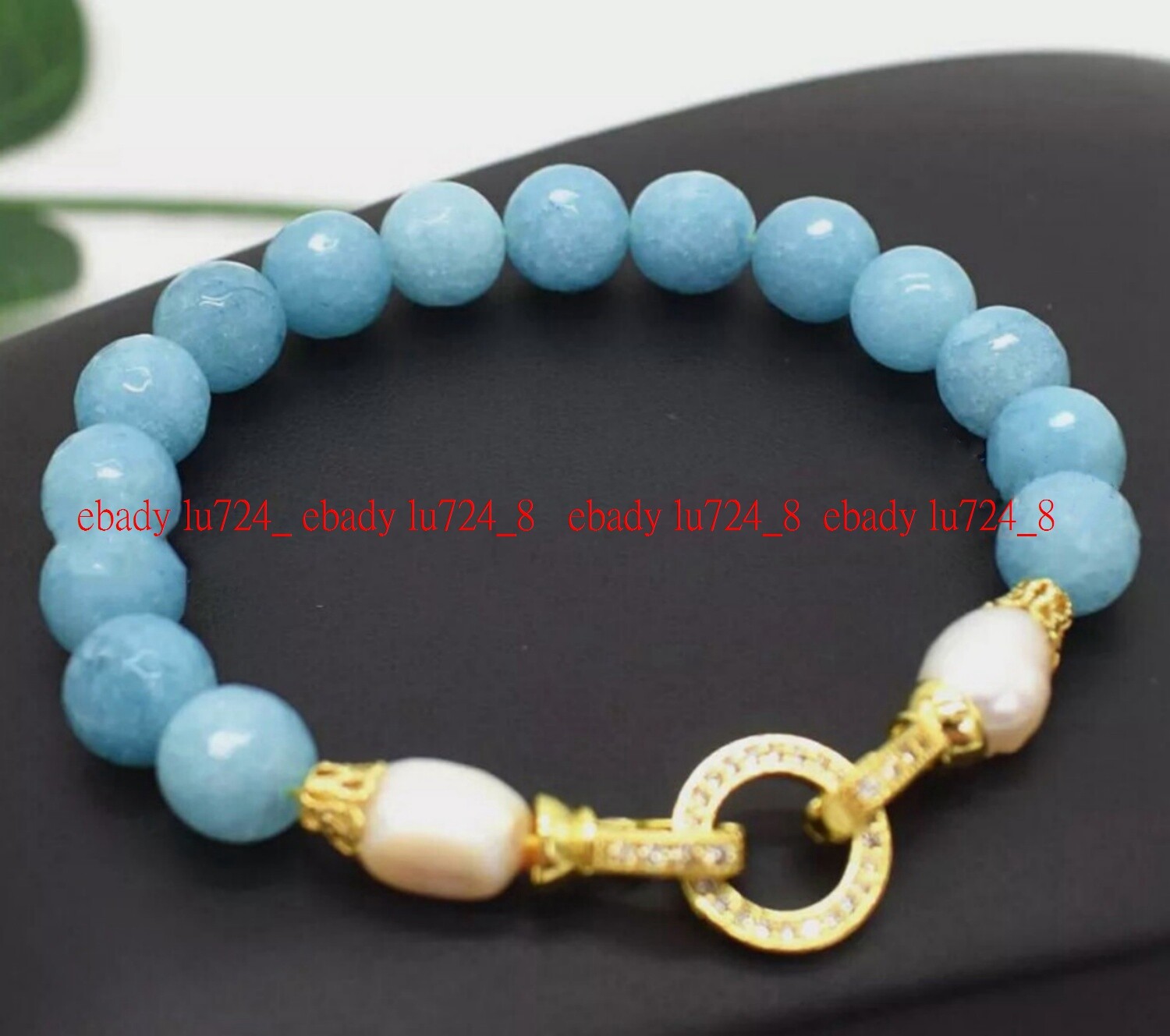 Natural Blue Aquamarine Round Gemstone Beads White Freshwater Pearl Bracelet
