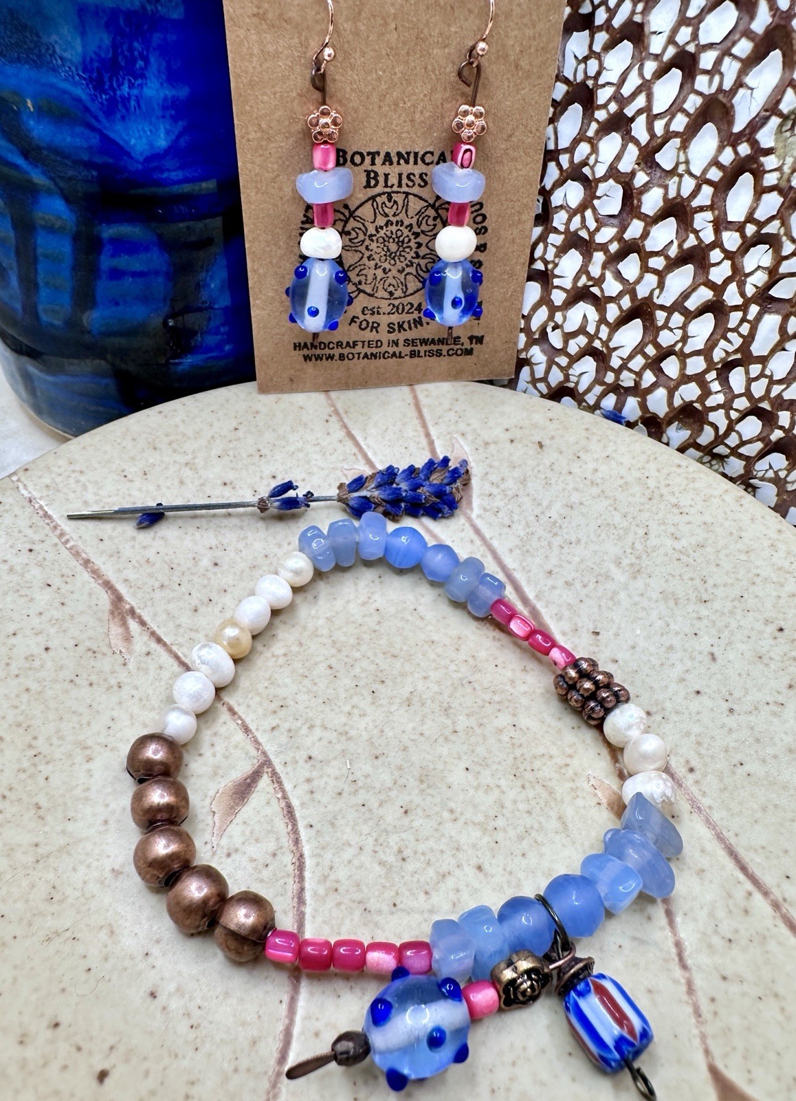 Red, White & Blue Bracelet & Earrings w/Copper, Pearls, Chalcedony & Glass