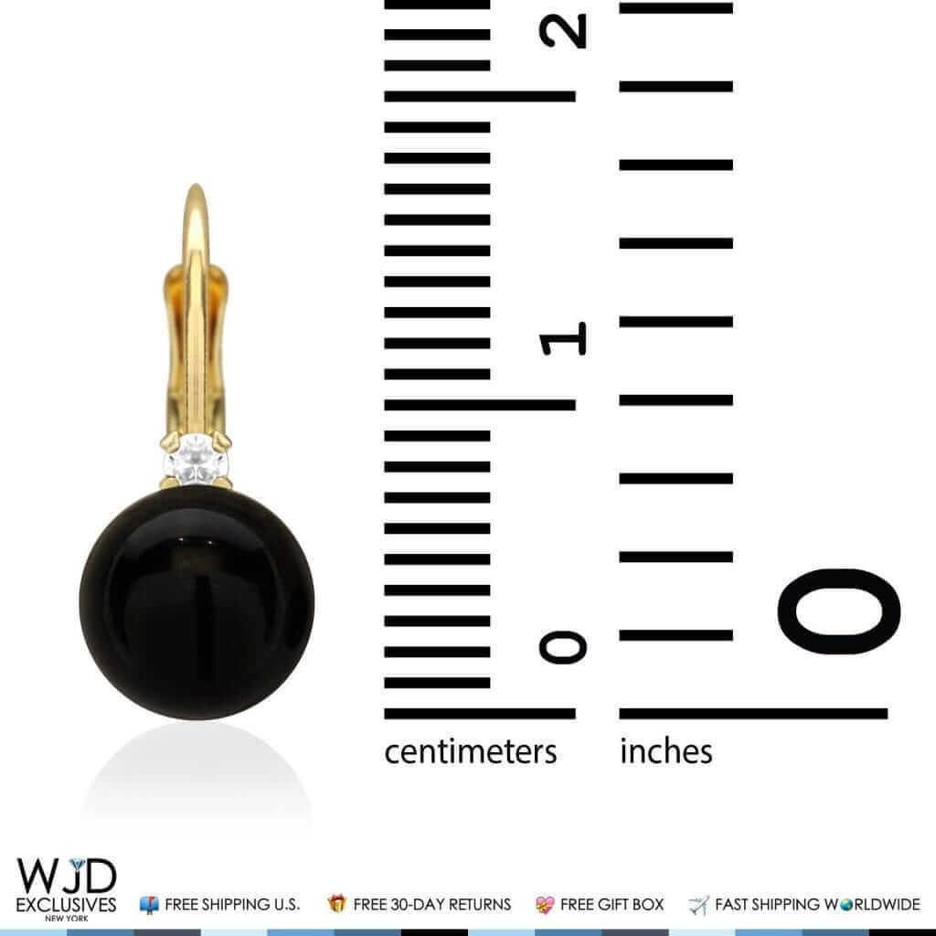 14K Solid Yellow Gold 7mm Diameter Onyx Ball And Zircon Leveback Earrings