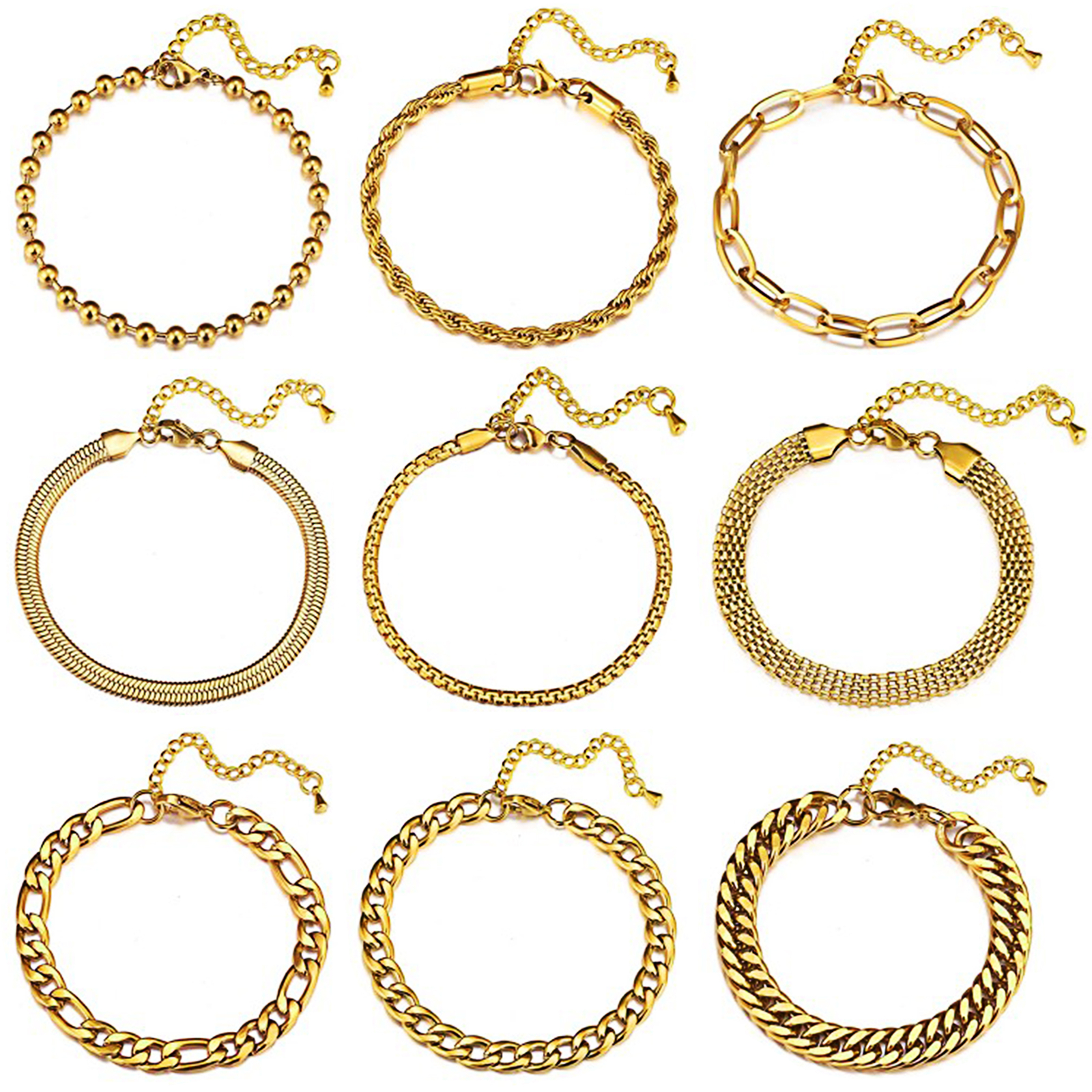 9-18pcs Women’s Stainless Steel Cuban Bracelet Chain Jewelry Set Adjustable