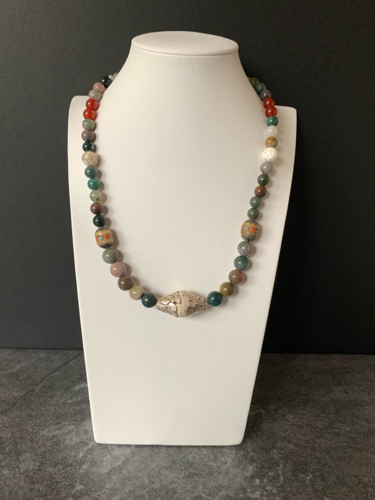 Moss Agate, Yak Bone, Conch Shell Focal Bead 21″ Necklace32