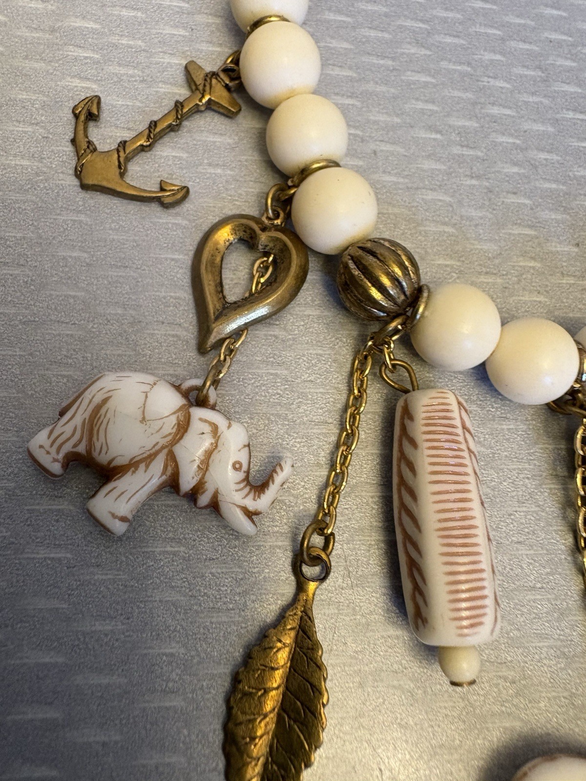 70s Vintage Plastic Faux Ivory Bead Charm Choker Necklace Heart Elephant 14”