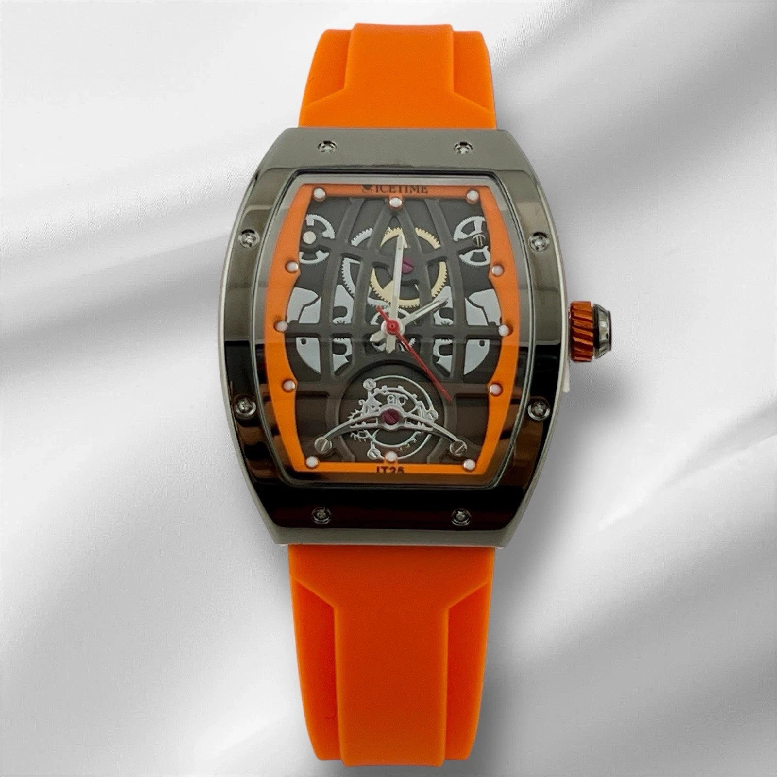 Flash Sale! IceTime 33mm Orange/Black Dial Steel Mens Watch 0.10ct Diamonds IT25