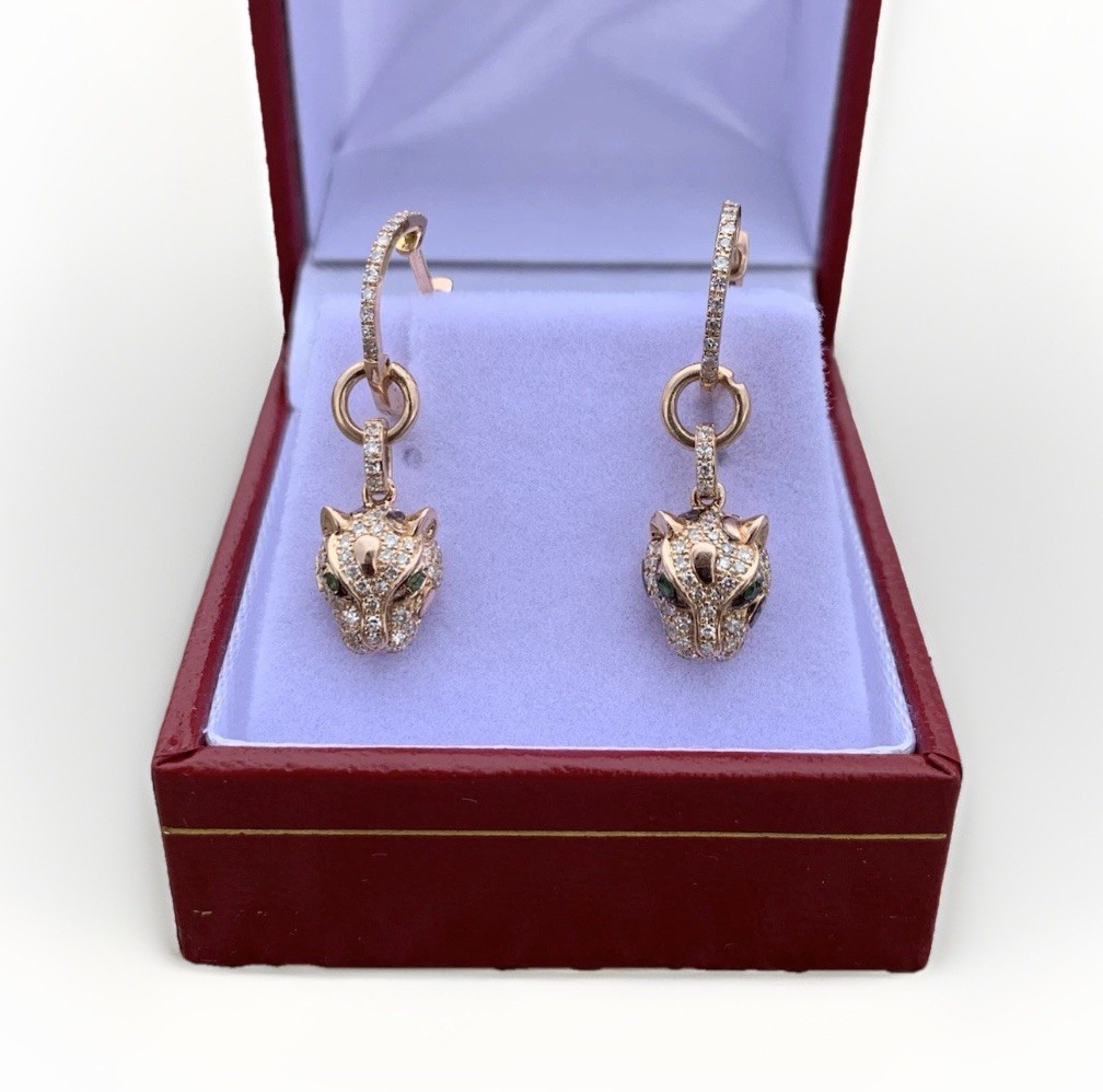 Effy 14K Rose Gold Panther Diamond Tsavorite Drop Dangle Earrings