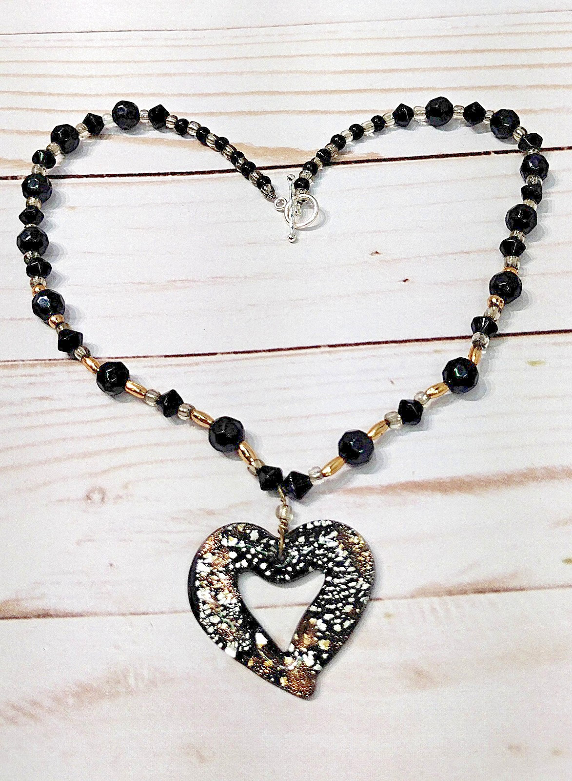 Handmade Black, Silver & Gold Glass Bead Heart Pendant Necklace 17″