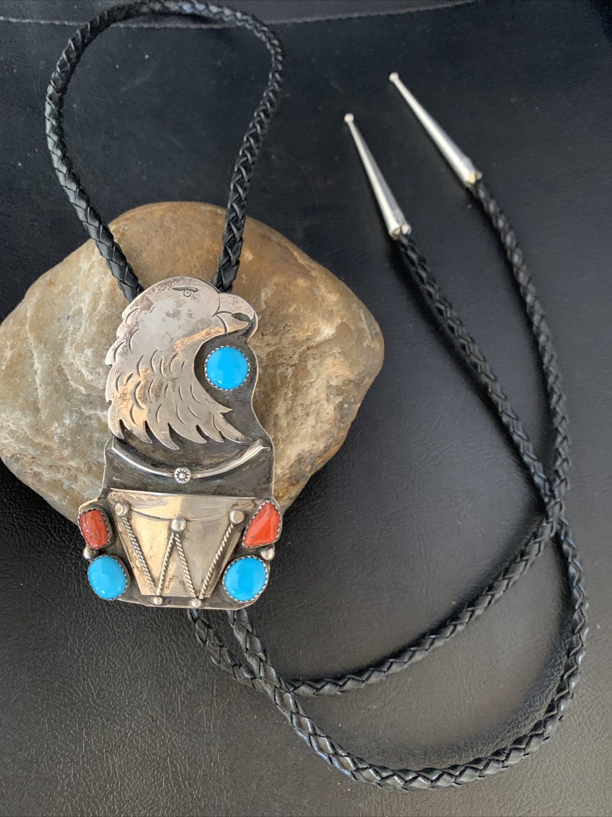 Eagle Head Bolo Tie Mens Blue Kingman Turquoise Coral Sterling Navajo 13670