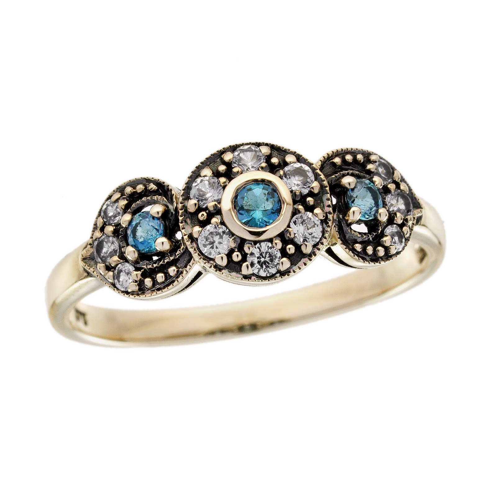 9K Yellow Gold Ruby Blue Topaz White Sapphire Three Stone Cluster Ring Victorian