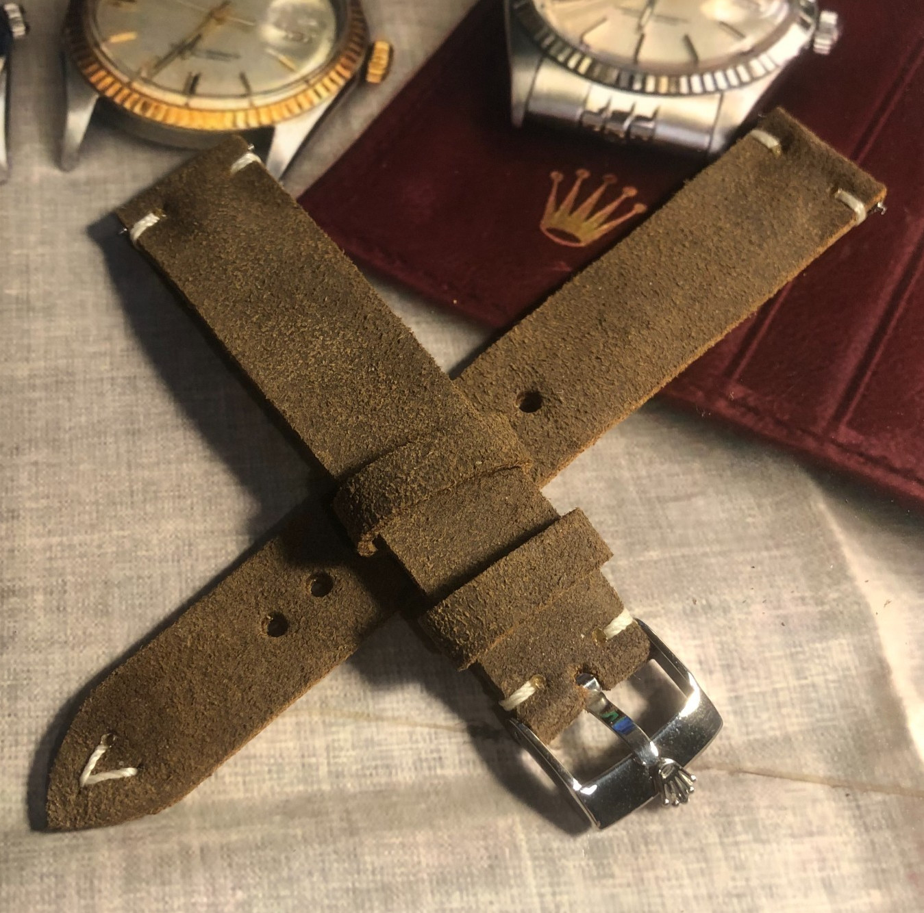 Silver Buckle To Fit Rolex,Swiss Made with H/M Italian Leather/Suede Watch Strap