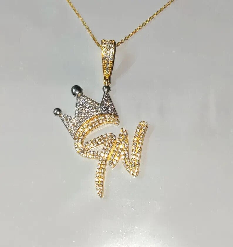 2Ct Round Cut Simulated Diamon Crown Letter Crown Pendant 14K Yellow Gold Plated
