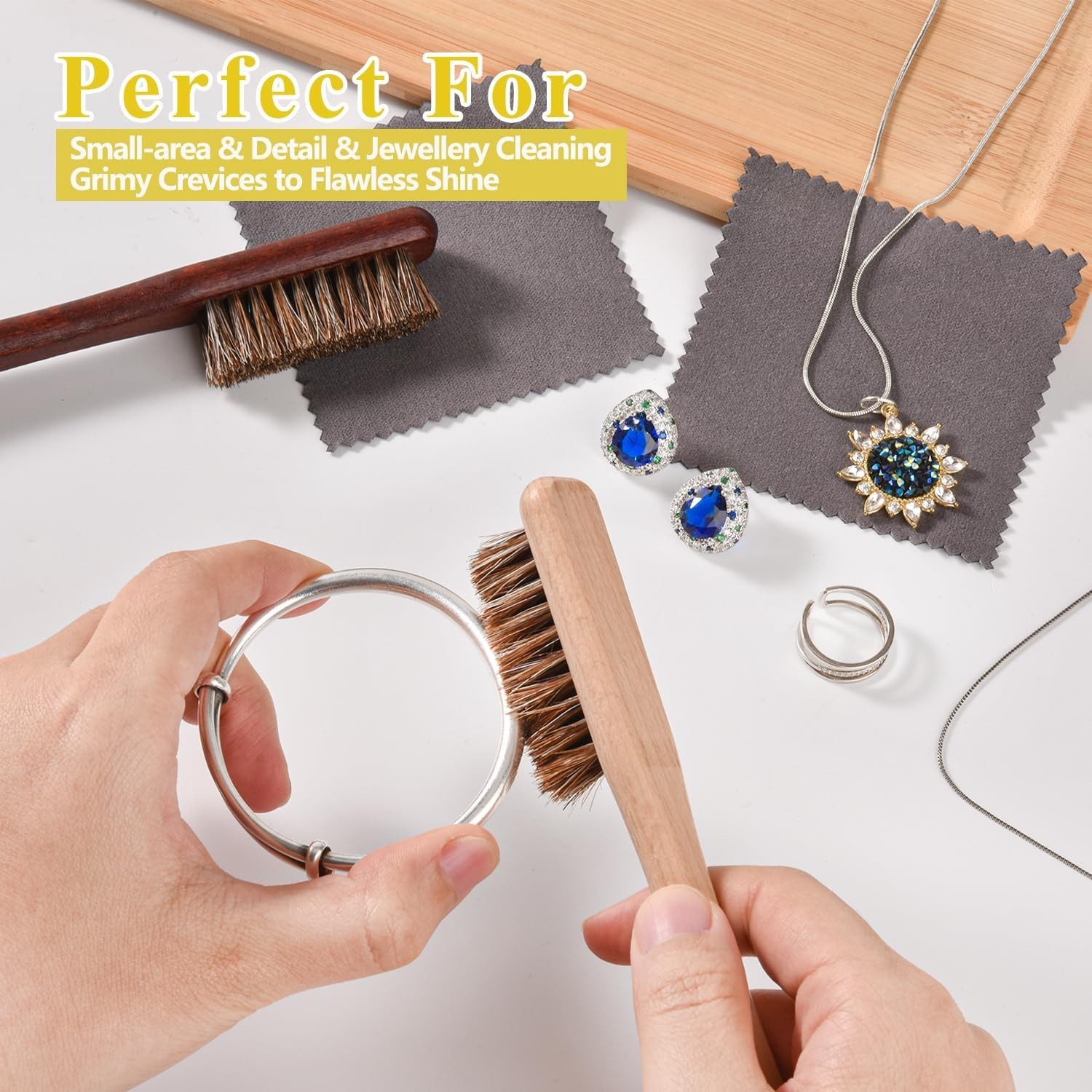 Effortless Shine with Horsehair Brush and Polishing Cloth Set for Silver Items