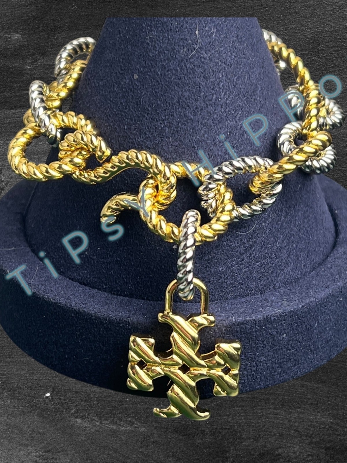 Tory Burch Gold & Silver Twist Rope Chain Bracelet With Logo Pendant In Gift Pou