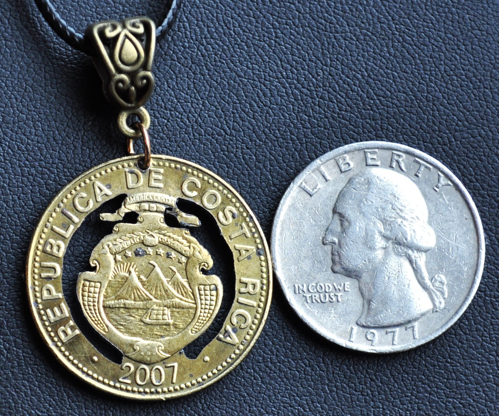 COSTA RICA COAT OF ARMS CUT COIN PENDANT NECKLACE