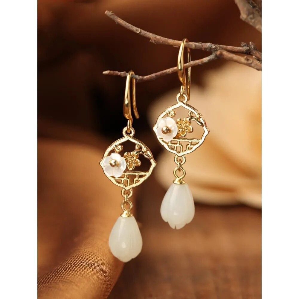 Natural Hetian Jade Retro Hollow Earrings White Jade Retro Long Earrings Jewelry