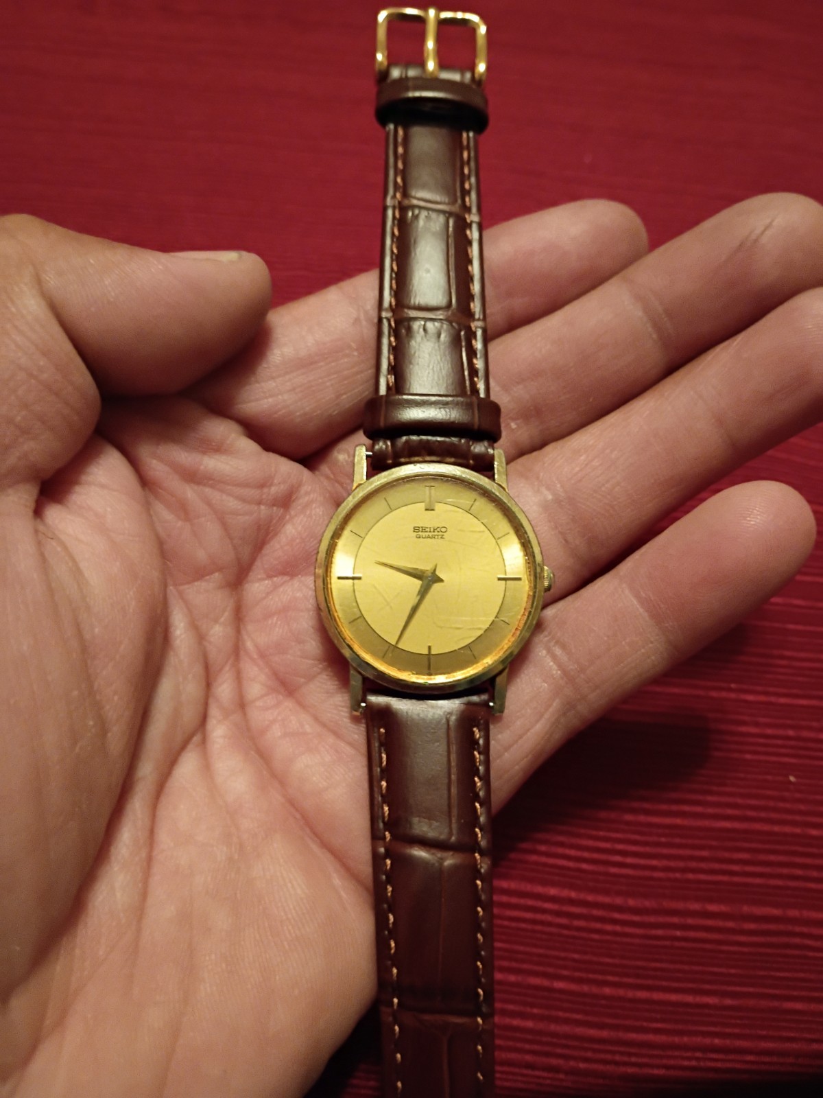 Seiko Quartz Vintage Men’s Gold Dial Gold Case Brown Leather Strap