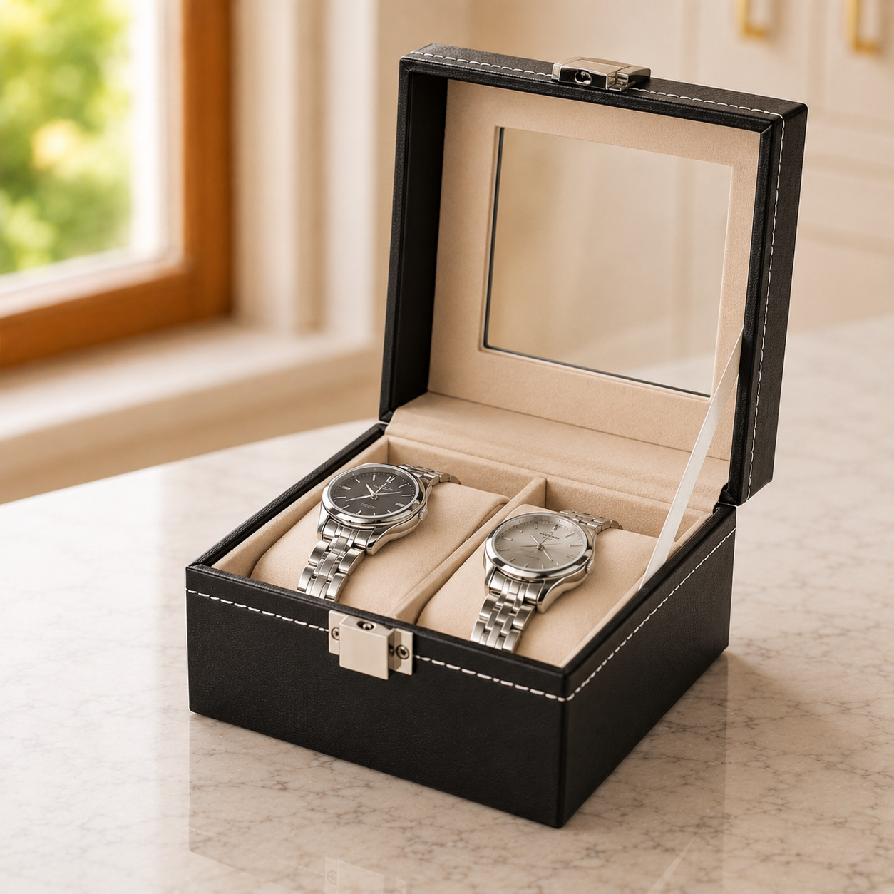 Couples Watch Box 2 Slot PU Leather Glass Top Collection Display Case
