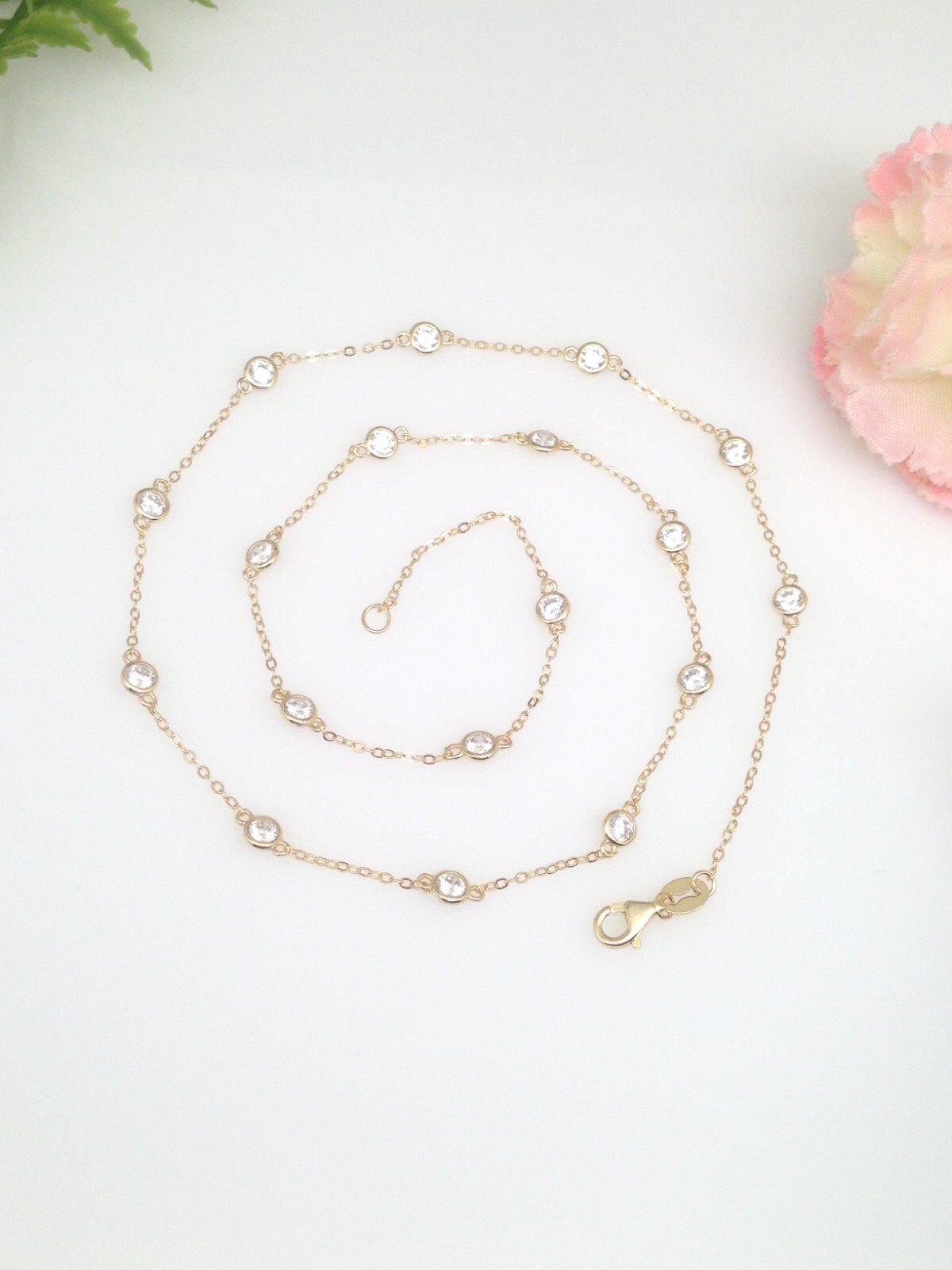 925 Sterling Silver Gold By the Yard Station Necklace Bezel CZ 18 3.5mm 18″