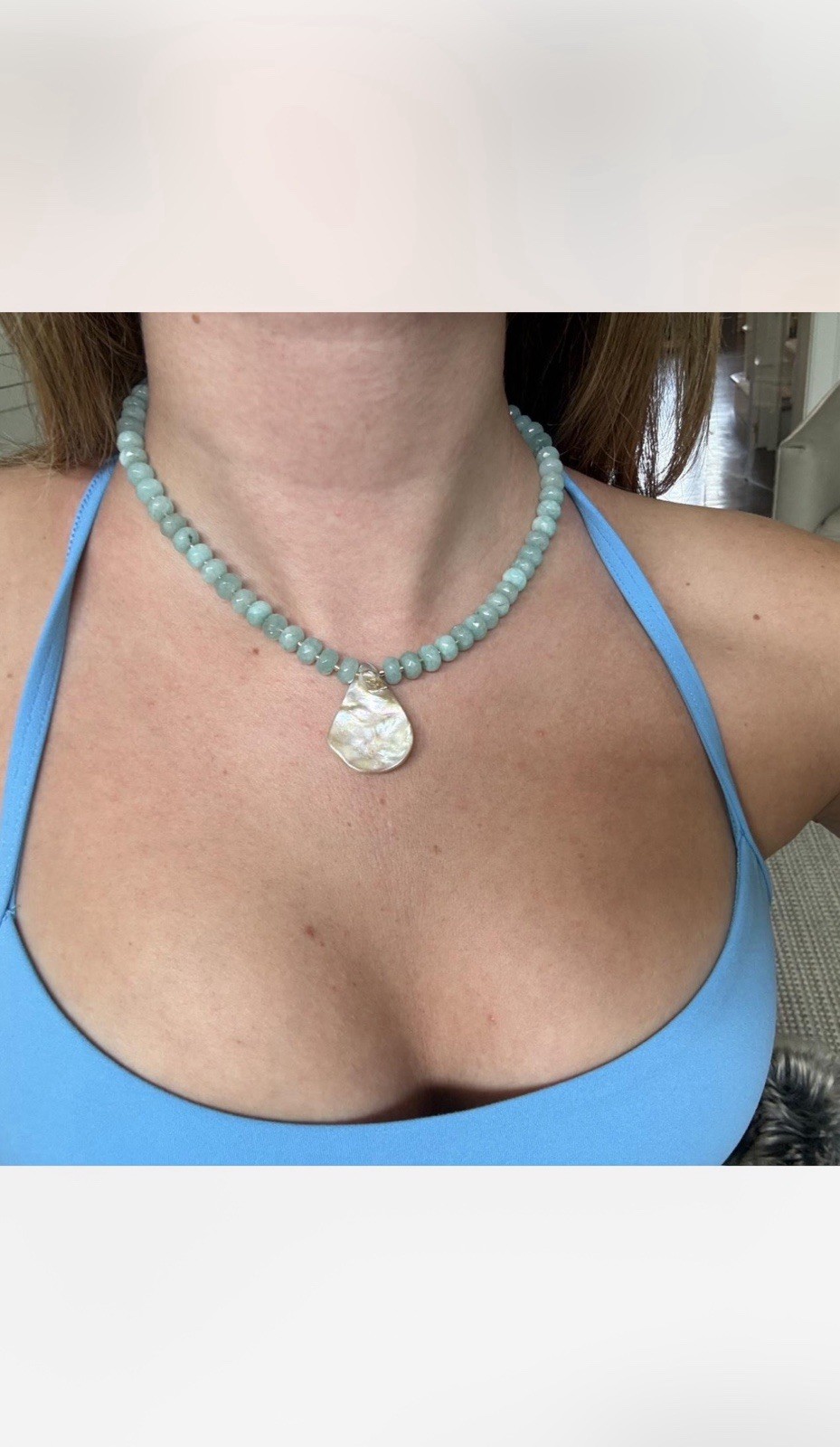 Aquamarine Beaded Necklace with Iridescent Shell Pendant