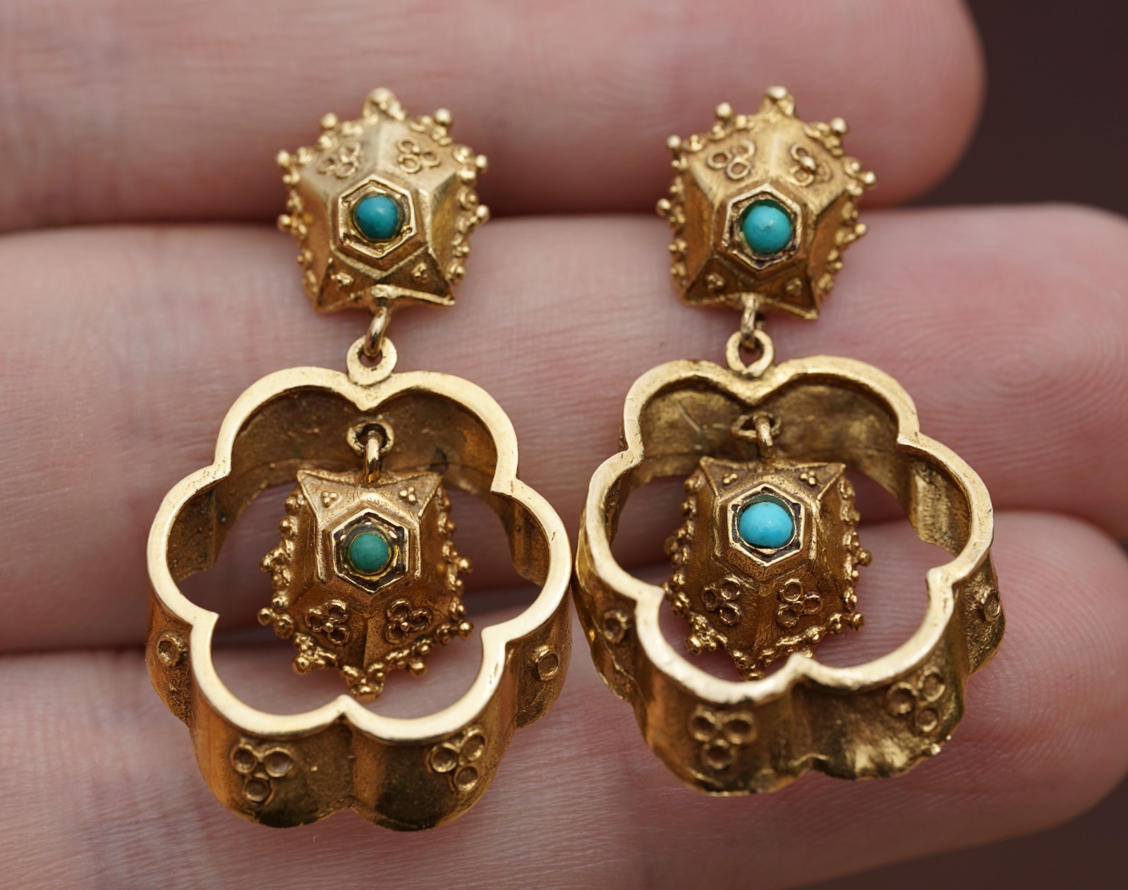 Victorian Antique 14k Solid Gold Etruscan Revival Turquoise Dangle Earrings 8.4g
