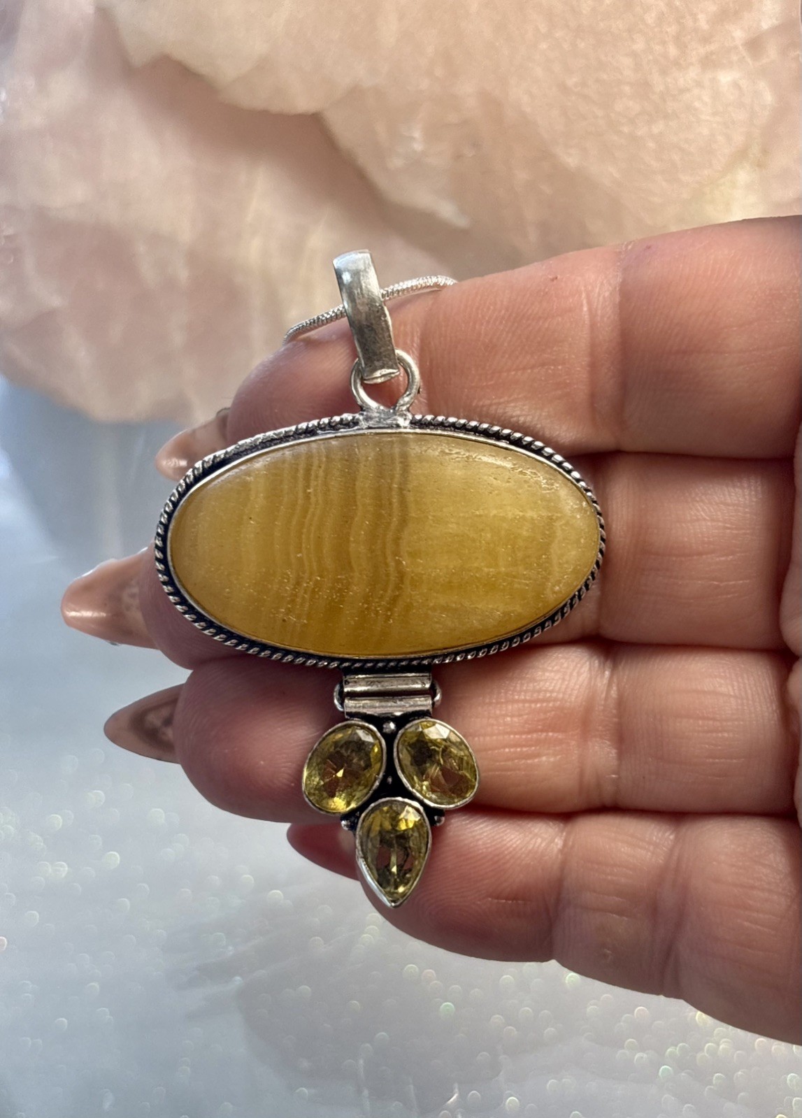 Handmade Yellow Lace Agate Citrine Gemstone Pendant 2.4″ On Sterling Silver