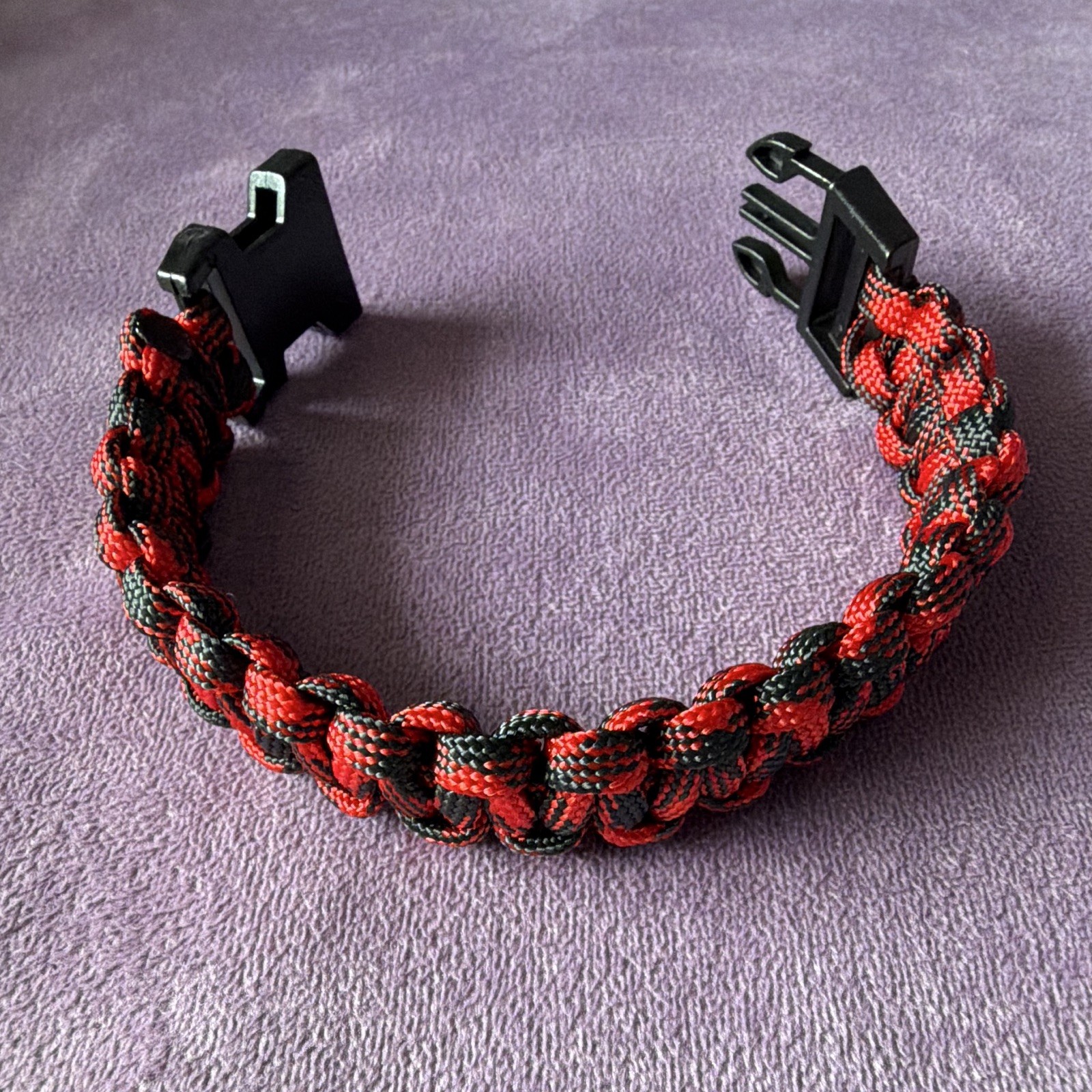 Handmade Red & Black Braided Nylon Paracord Bracelet, Plastic Buckle Closure