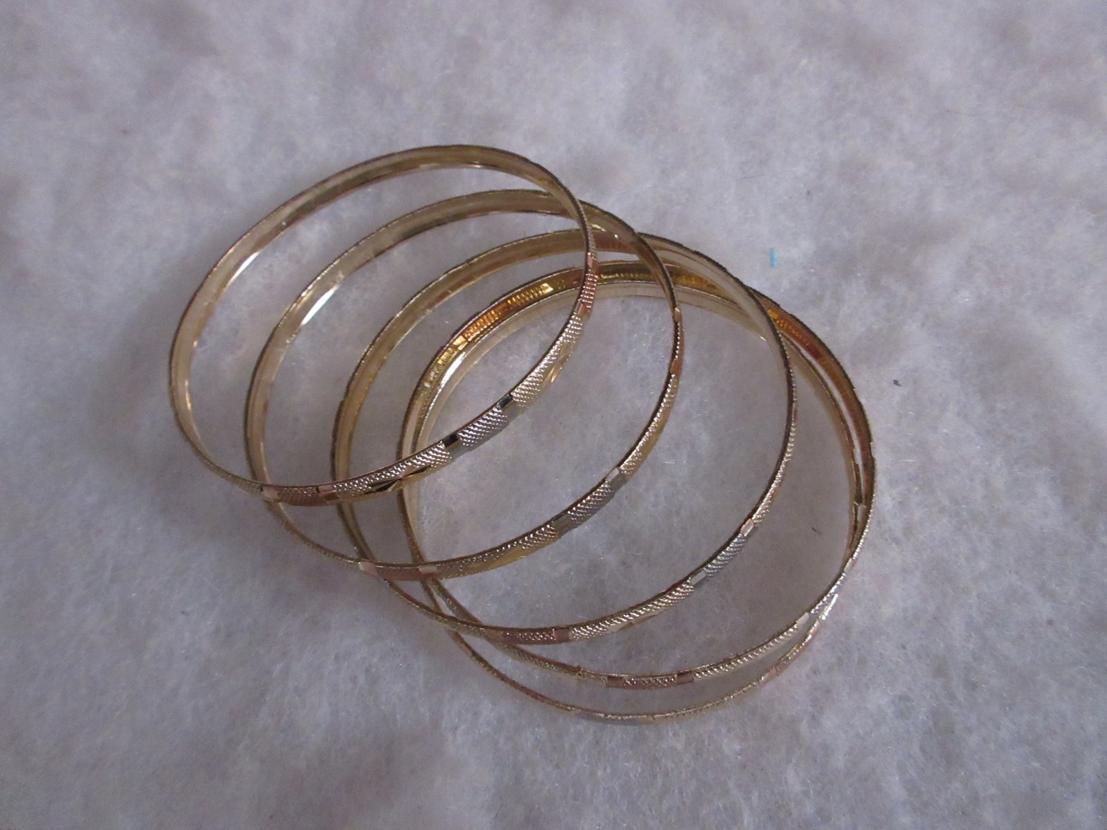 5 Tricolor Bangle Bracelets Silver Gold & Rose Gold TONES Etched Lightweight 8″