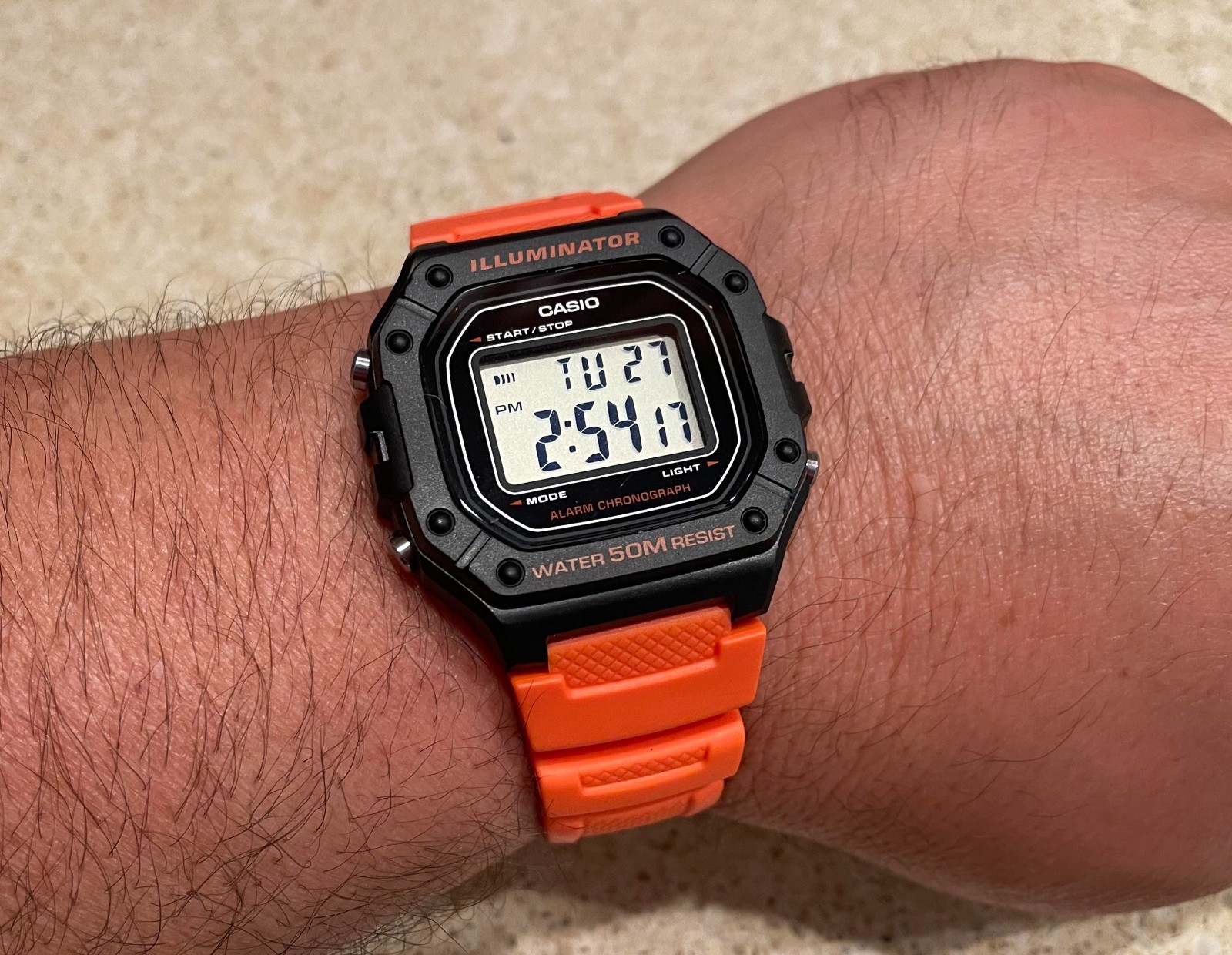 Casio W218H-4B2V Men’s Orange Resin Band LED Backlight 50M WR Stopwatch Alarm
